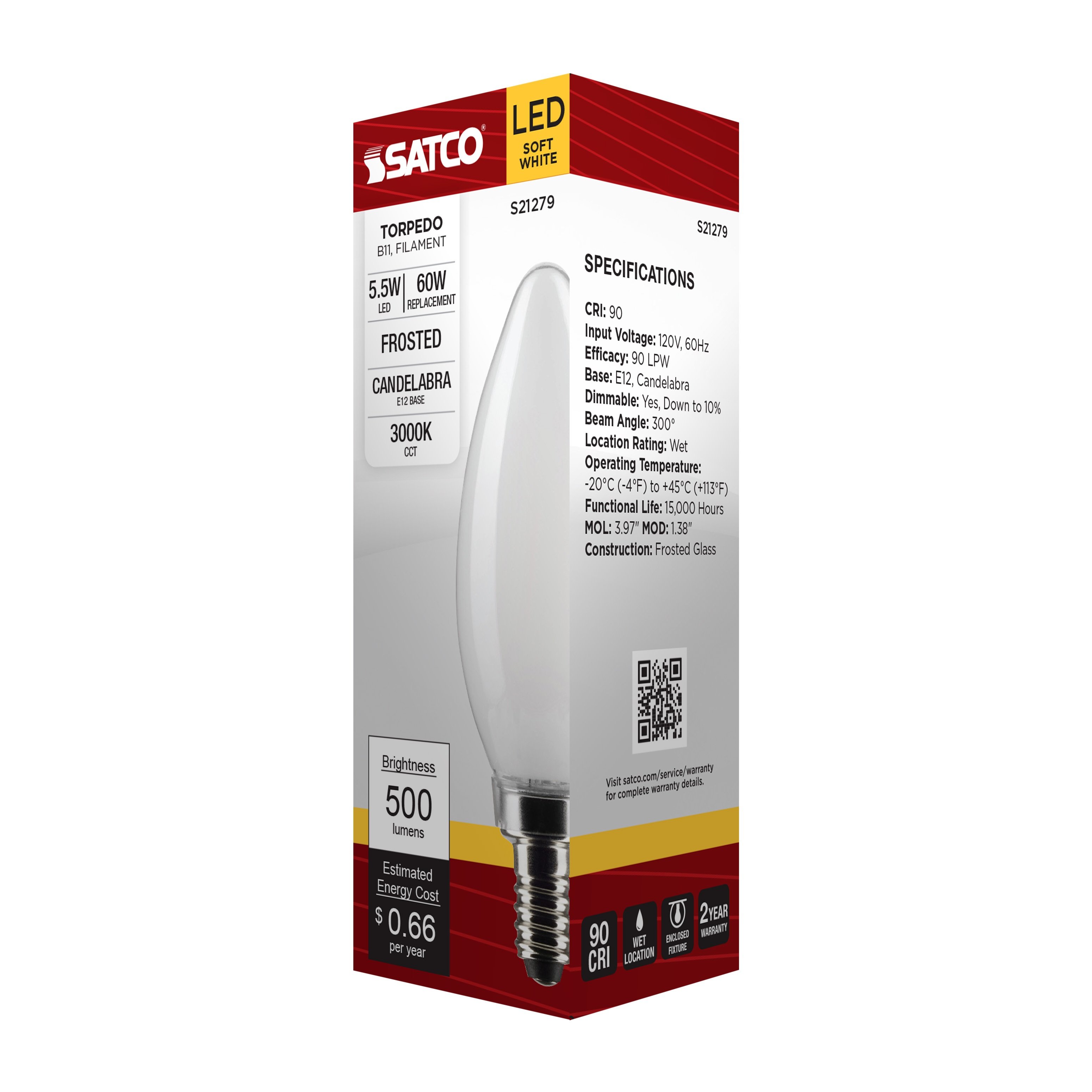 Picture of S21279 - 5.5 Watt B11 LED - Frost - Candelabra base - 90 CRI - 3000K - 120 Volt