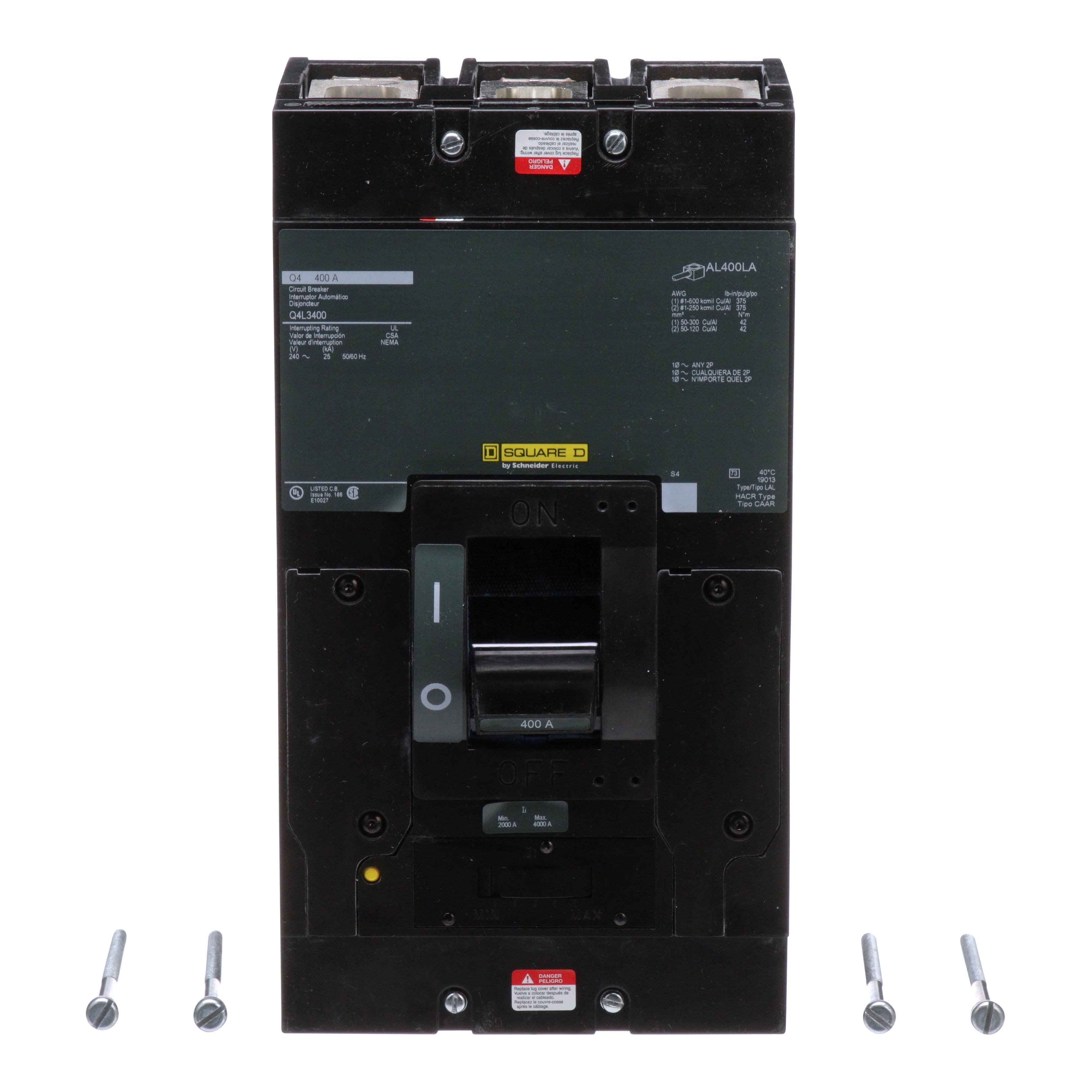 Picture of Q4L3400 - Circuit breaker, Q4, 400A, 3 pole, 240VAC, 25kA, lugs, thermal magnetic