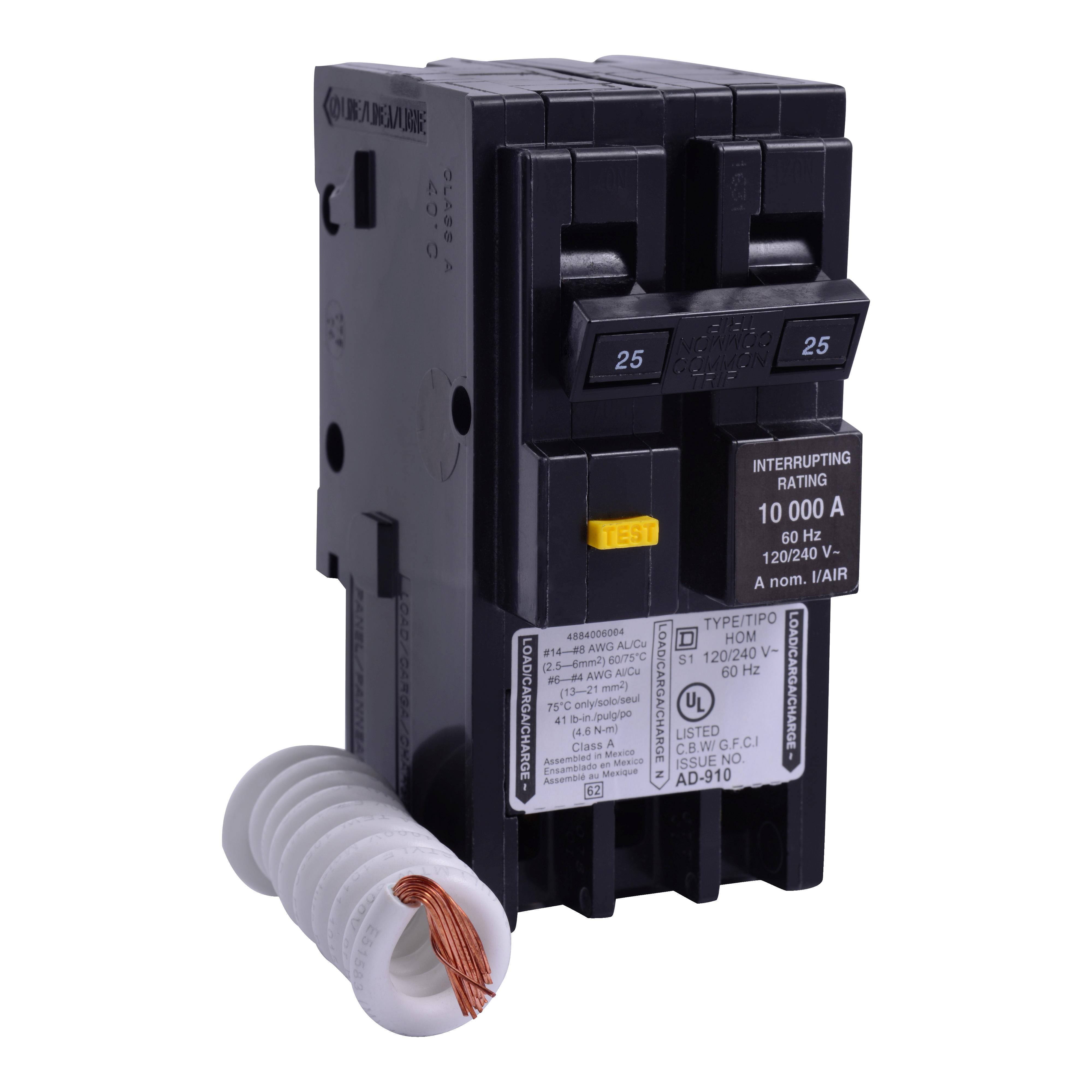 HOM225GFI - [TAA] Mini circuit breaker, Homeline, 25A, 2 pole, 120/240VAC, 10kA AIR, ground fault class A, plug in, UL