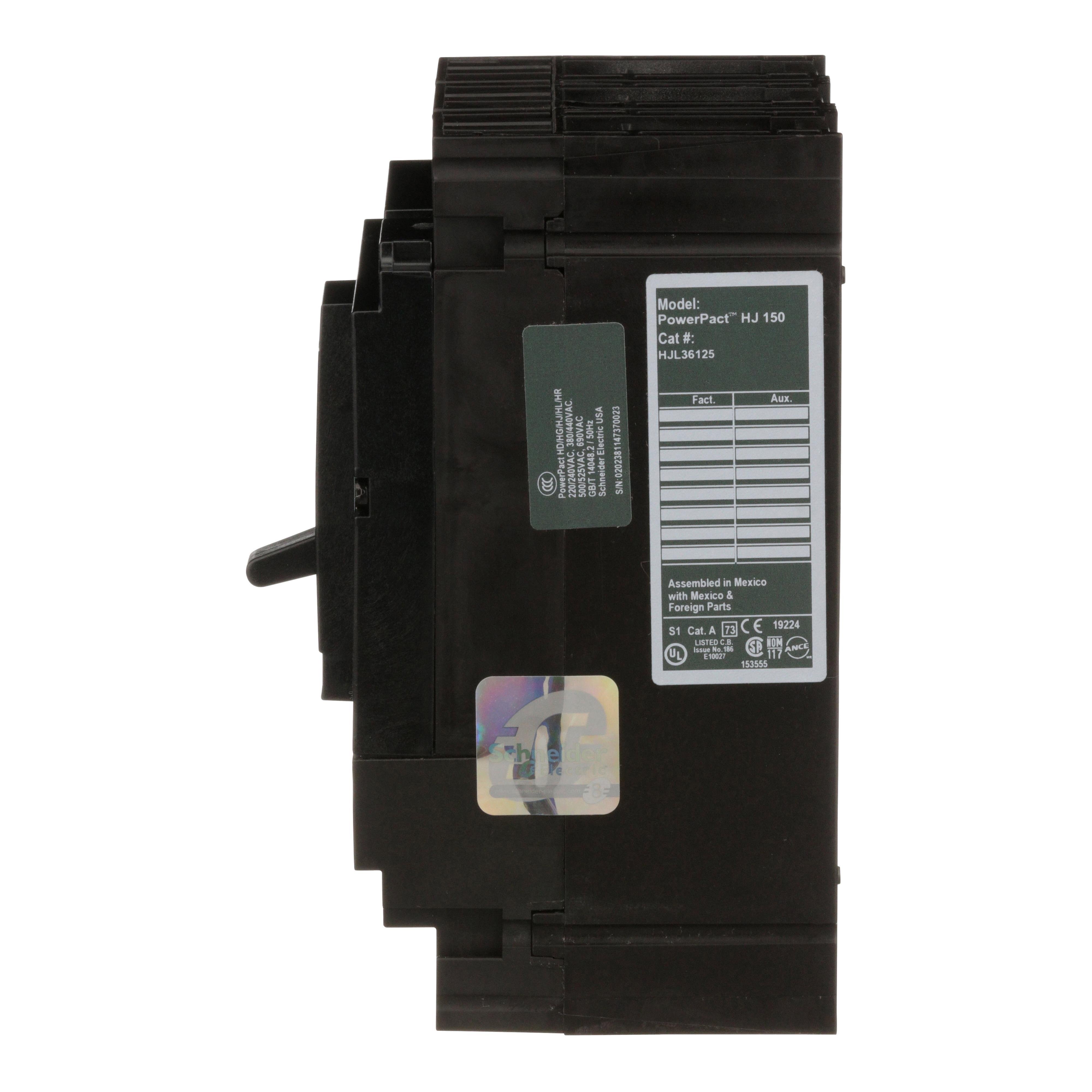Picture of HJL36125 - Circuit breaker, PowerPacT H, 125A, 3 pole, 600VAC, 25kA, lugs, thermal magnetic, 80%