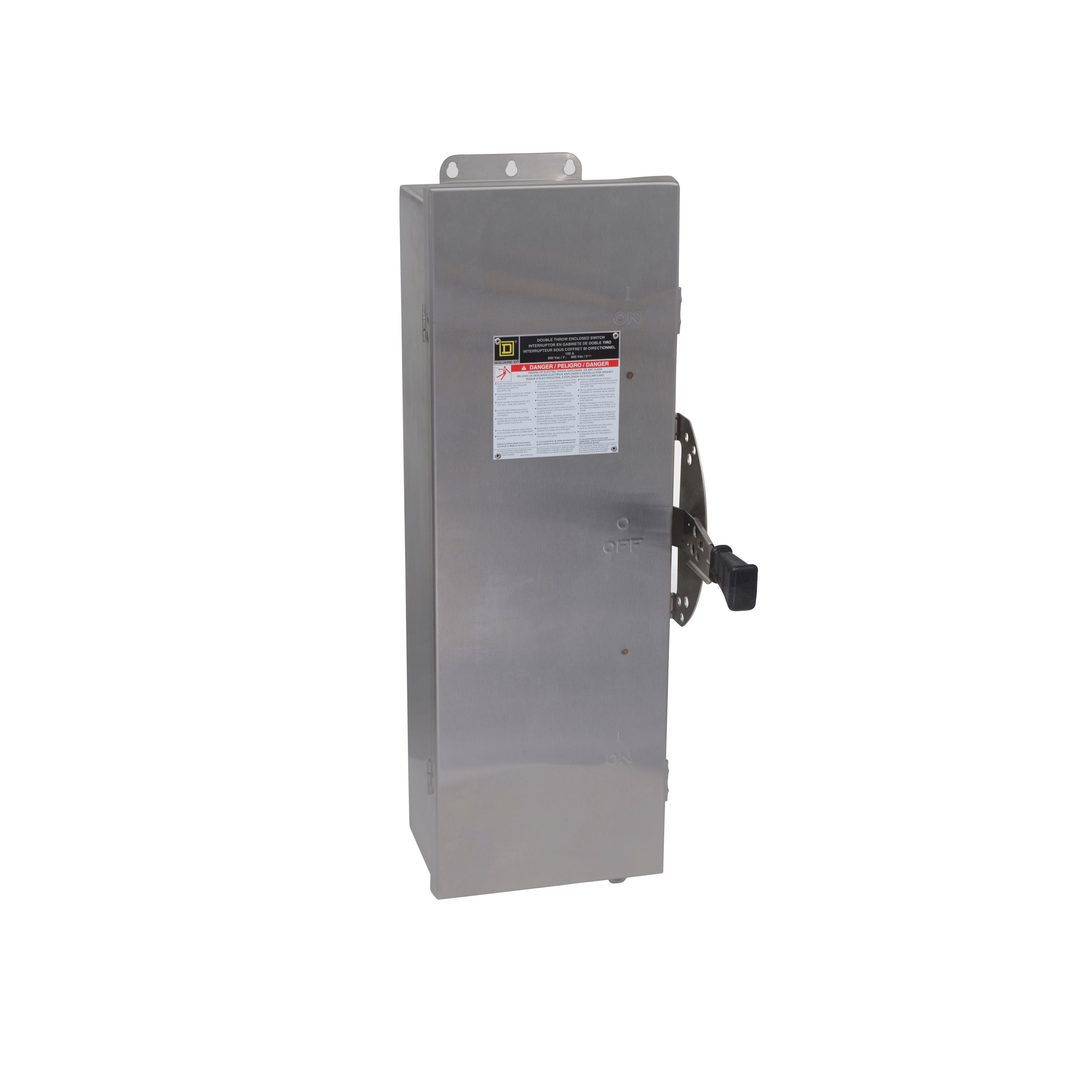 DTU363DS - Safety switch, double throw, non fusible, 3 pole, 3 wire, 600VAC, 600VDC, 100A, Type 4/4X/5, 304 stainless steel