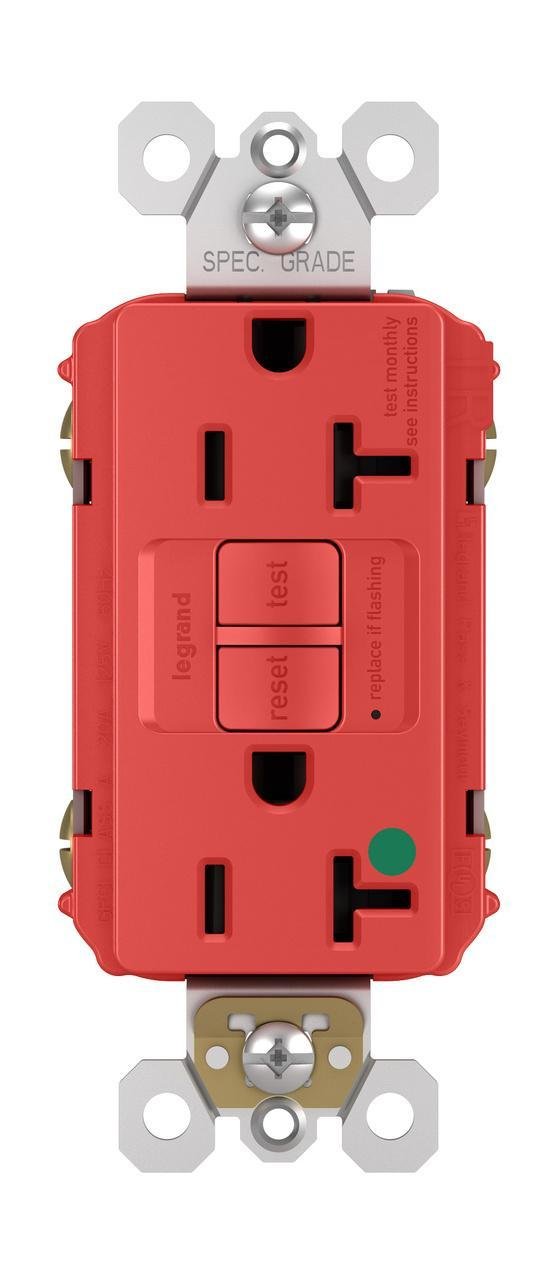 2097-HGTRRED - Hospital Grade Tamper-Resistant 20A Duplex Self-Test GFCI Receptacles with SafeLock® Protection, Red
