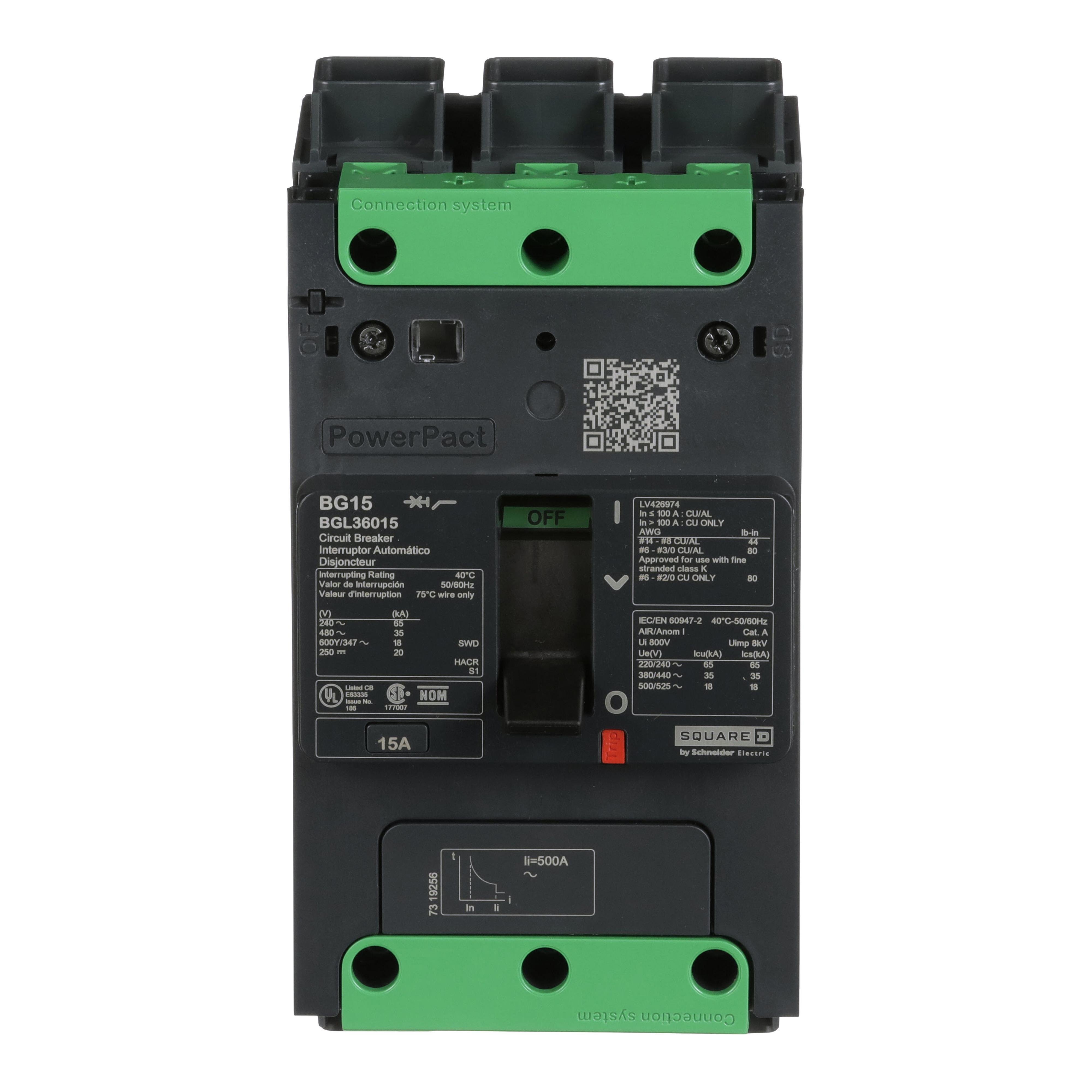 BGL36015 - Circuit breaker, PowerPacT B, 15A, 3 pole, 600Y/347VAC, 18kA, lugs, thermal magnetic, 80%