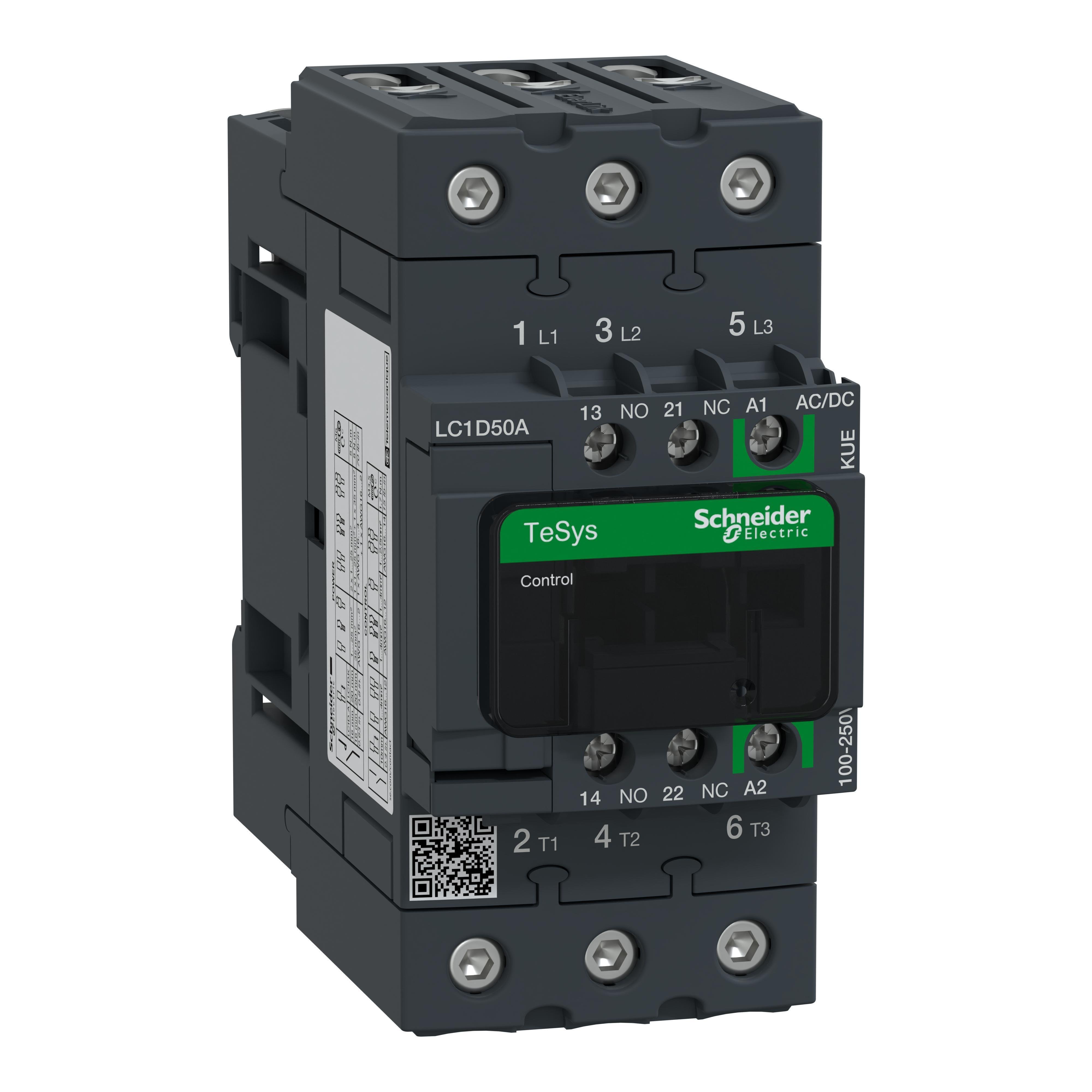 LC1D50AKUE - IEC contactor, TeSys Deca Advanced, nonreversing, 50A, 40HP at 480VAC, up to 100kA SCCR, 3 phase, 3 NO, 100/250VAC/VDC coil