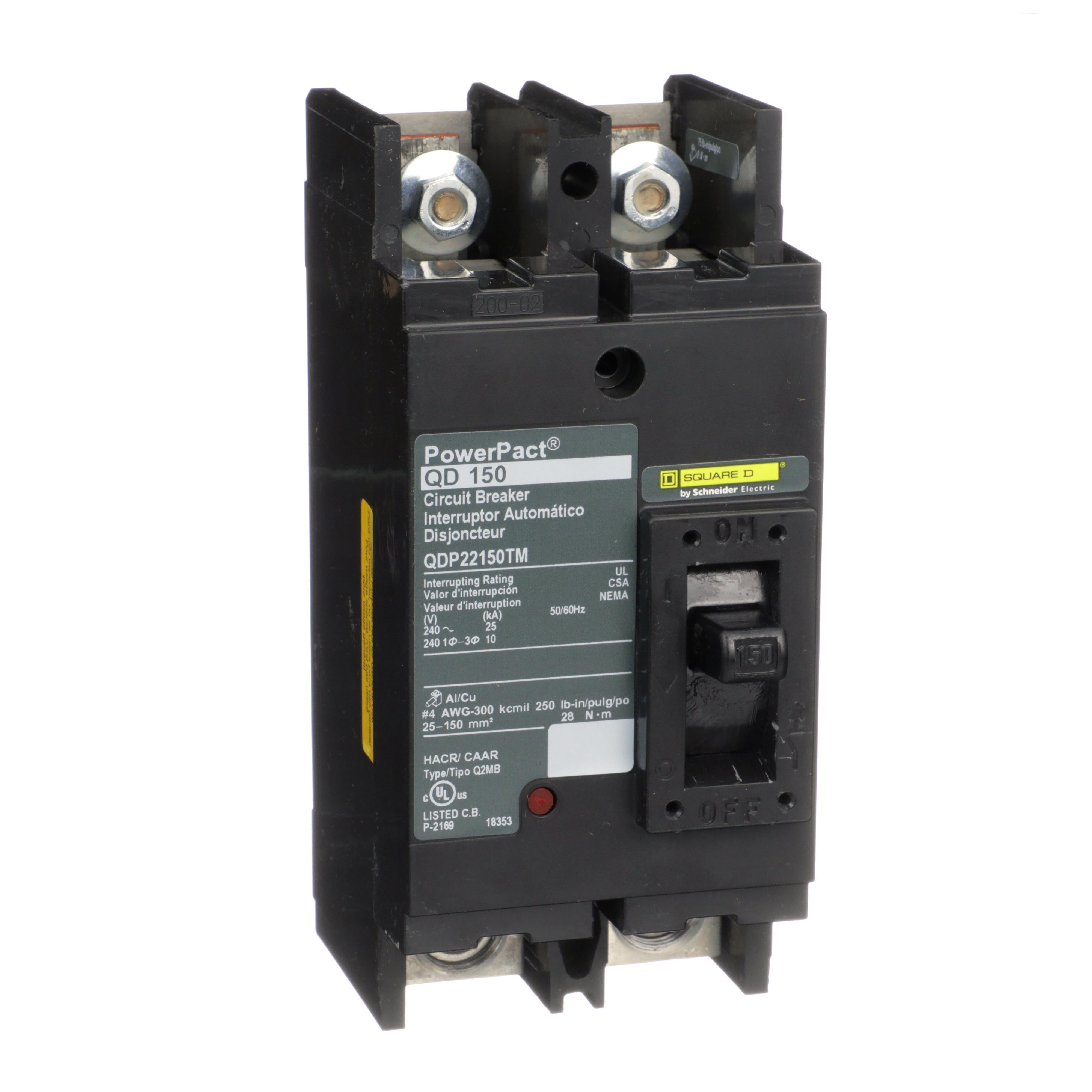 Picture of QDP22150TM - Circuit breaker, PowerPacT Q, 150A, 2 pole, 240VAC, 25kA, lugs, thermal magnetic, 80%, bottom of panel