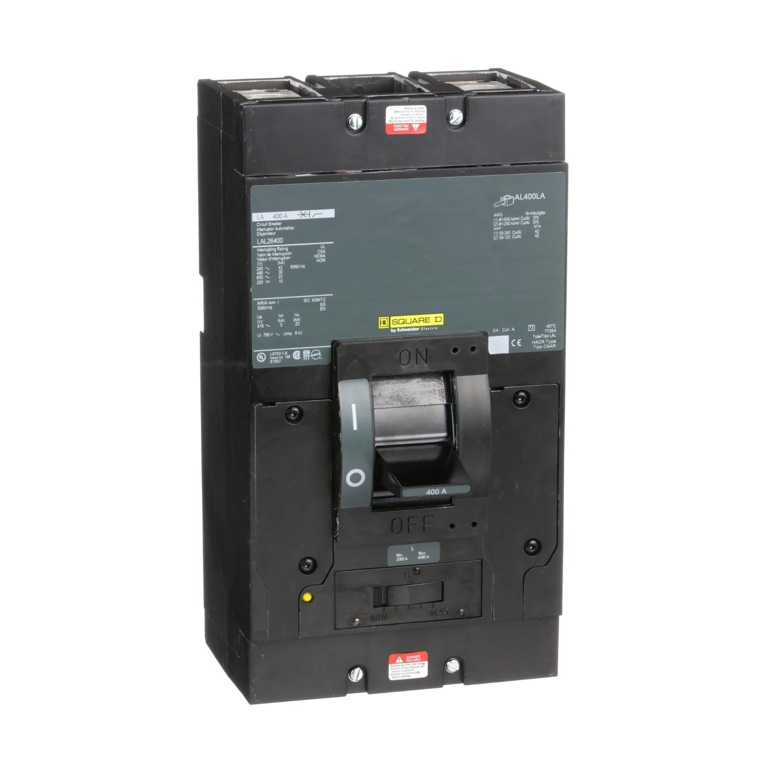 Picture of LAL26400 - Circuit breaker, LA, 400A, 2 pole, 600VAC, 22kA, 250VDC, 10kA, lugs, thermal magnetic