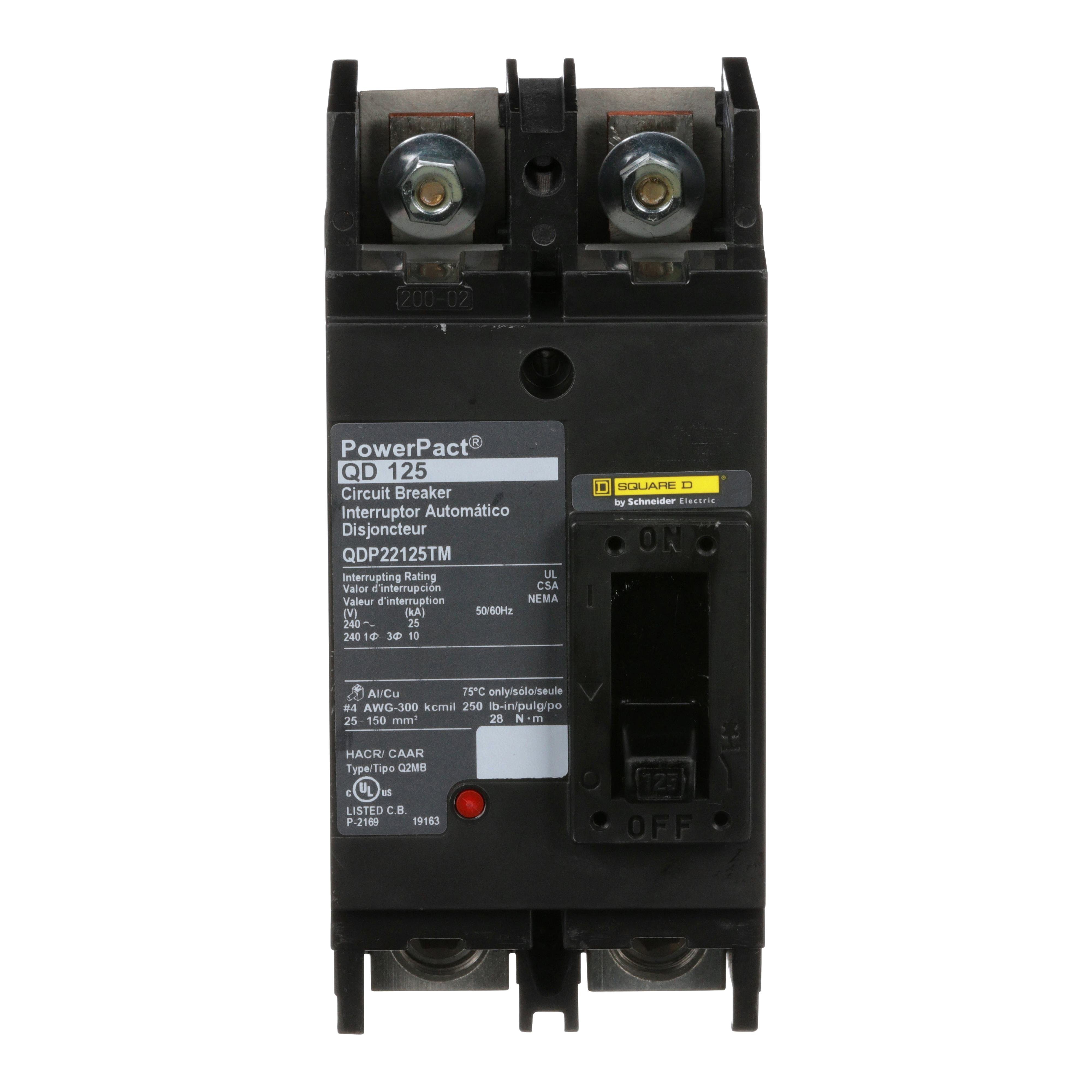 Picture of QDP22125TM - Circuit breaker, PowerPacT Q, 125A, 2 pole, 240VAC, 25kA, lugs, thermal magnetic, 80%, bottom of panel