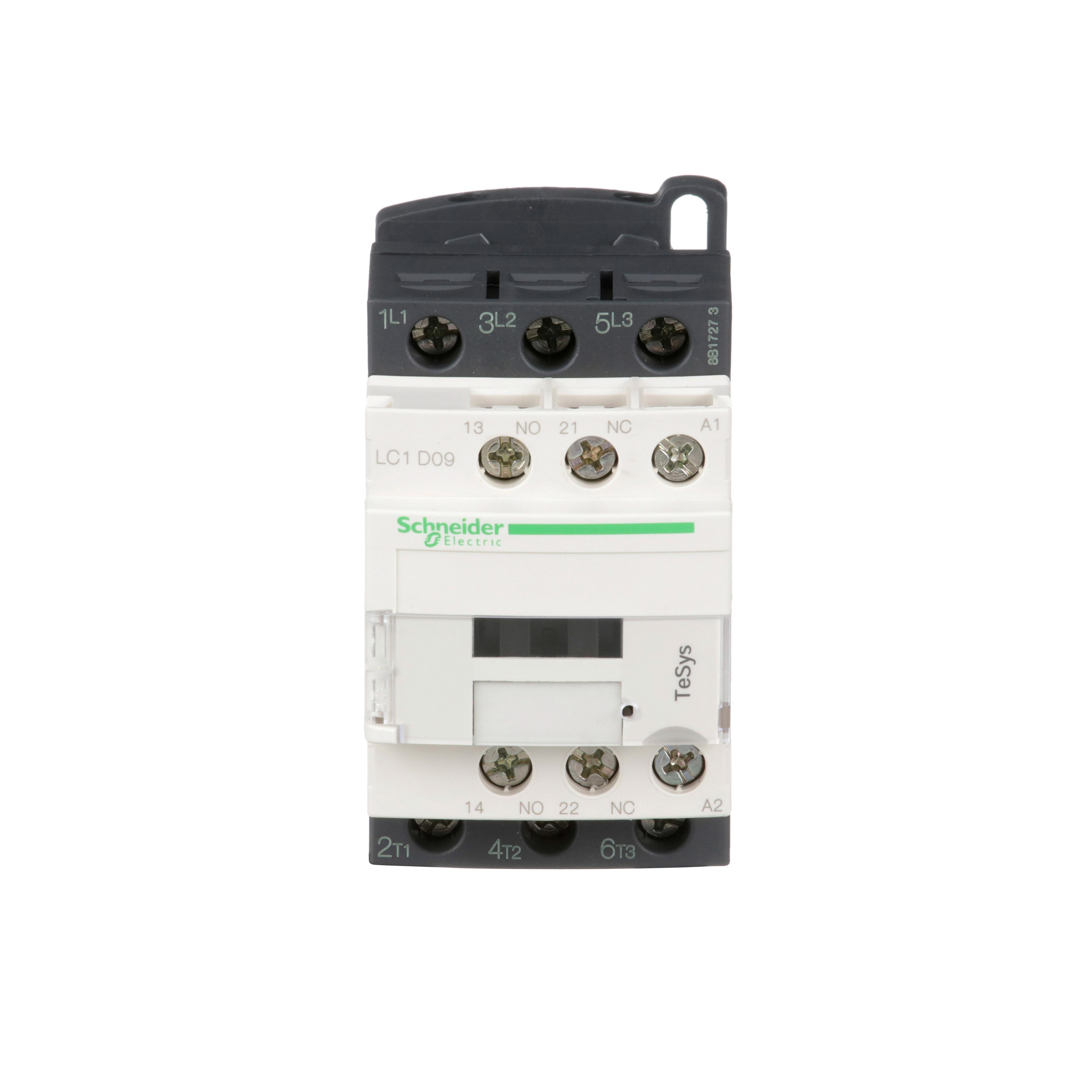 LC1D09U7 - IEC contactor, TeSys Deca, nonreversing, 9A, 5HP at 480VAC, up to 100kA SCCR, 3 phase, 3 NO, 240VAC 50/60Hz coil, open style