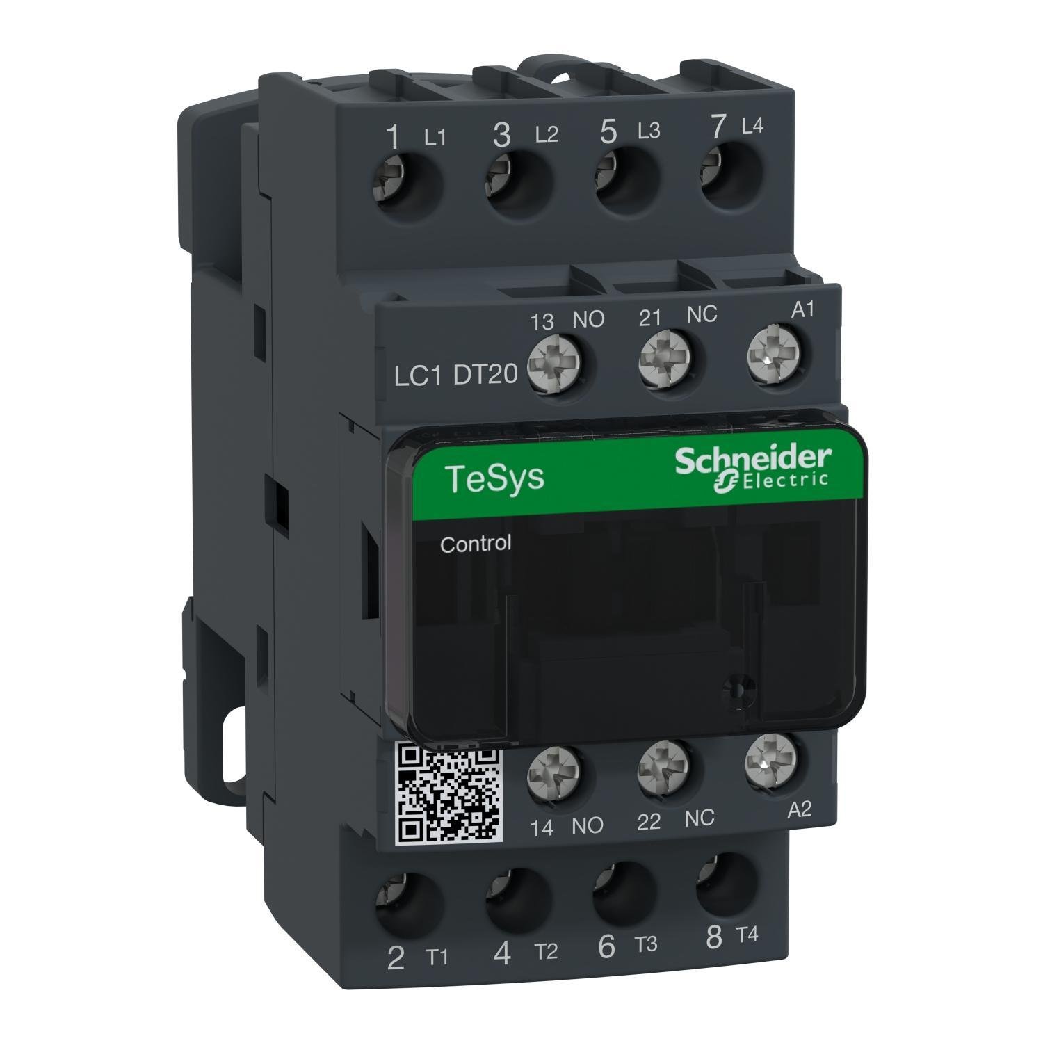 Picture of LC1DT20B7 - IEC contactor, TeSys Deca, nonreversing, 20A resistive, 4 pole, 4 NO, 24VAC 50/60Hz coil, open style