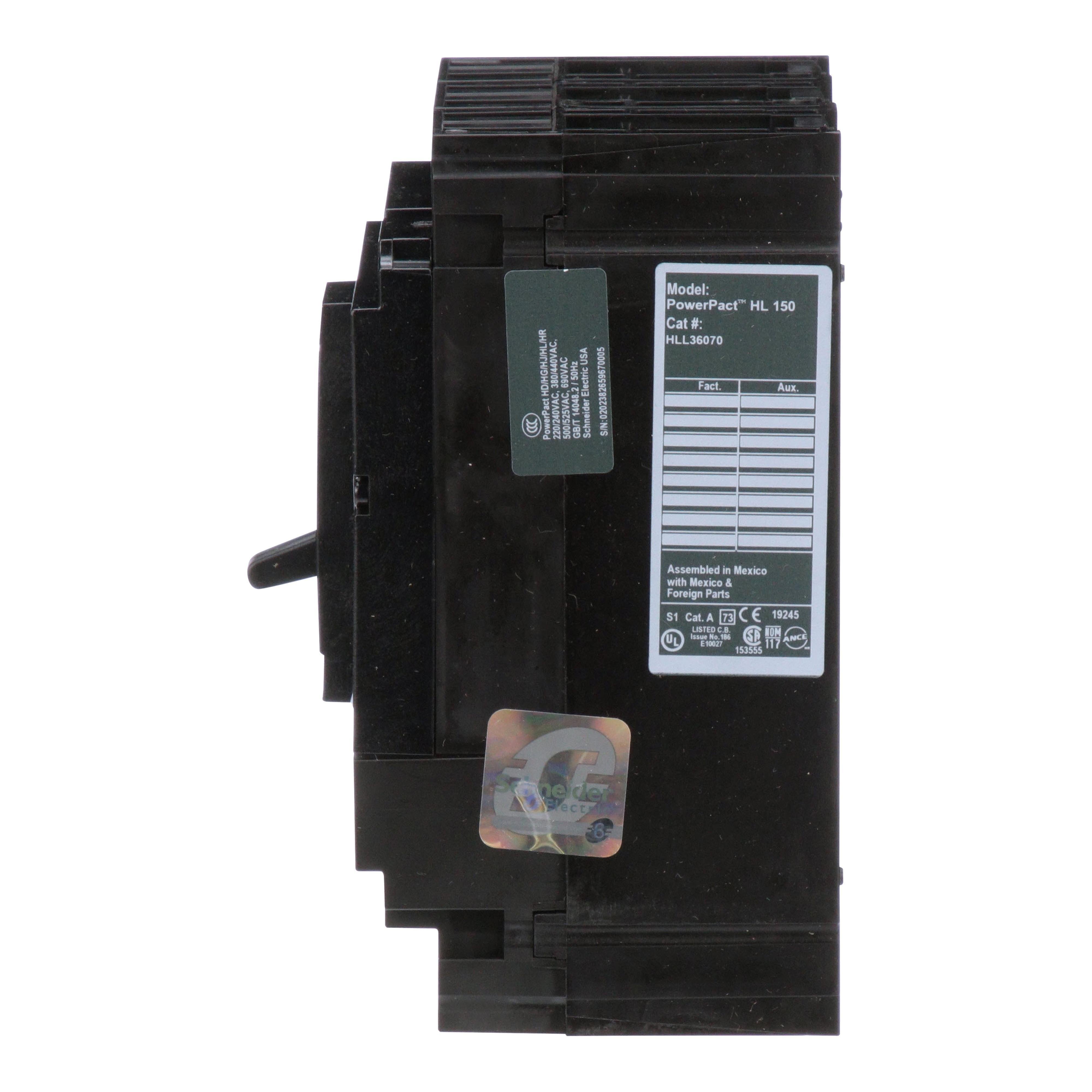 Picture of HLL36070 - Circuit breaker, PowerPacT H, 70A, 3 pole, 600VAC, 50kA, lugs, thermal magnetic, 80%