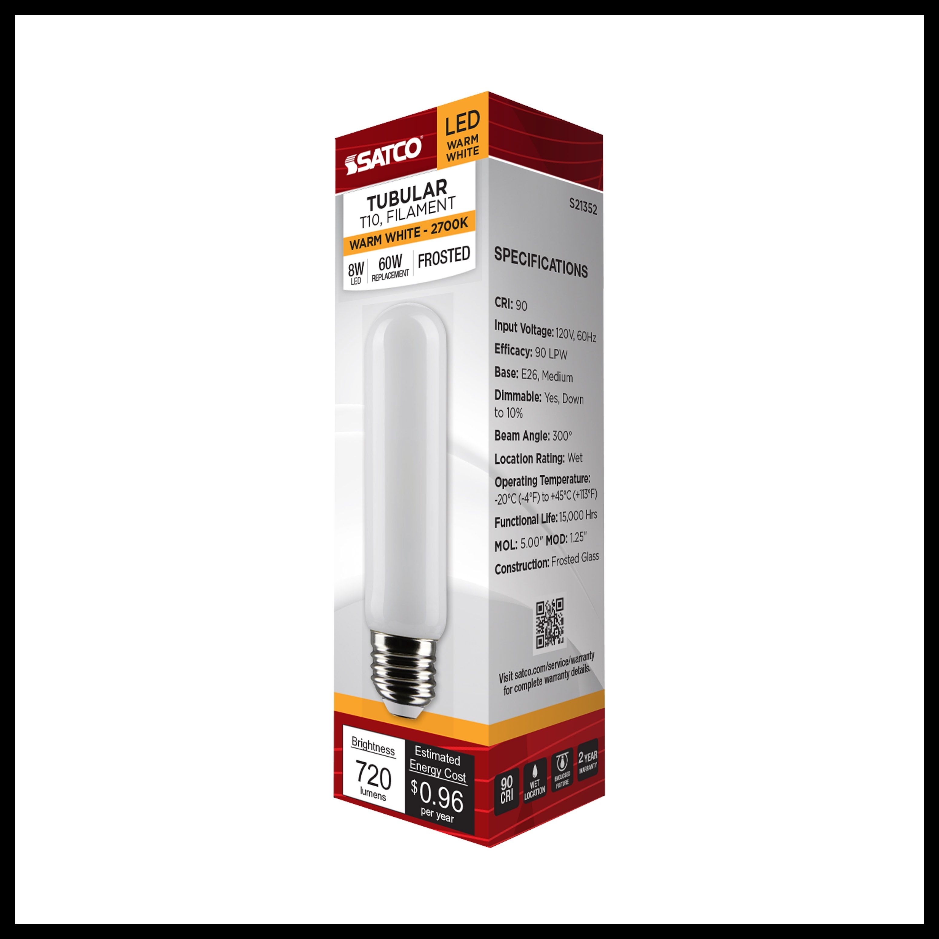 Picture of S21352 - 8 Watt T10 LED - Frost - Medium base - 90 CRI - 2700K - 120 Volt