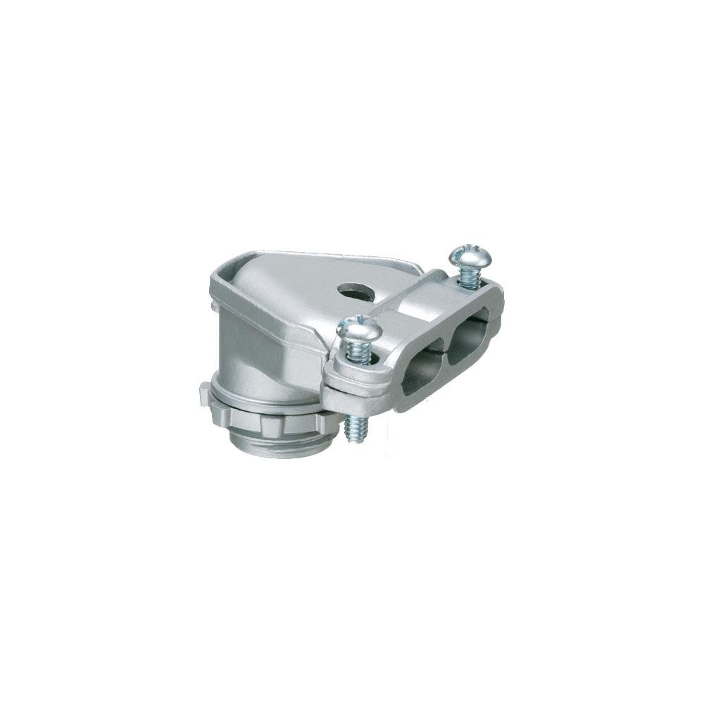 84690 - 90 degree zinc die-cast duplex connector with a twin screw strap. Secures into 1/2" knockout with a locknut.