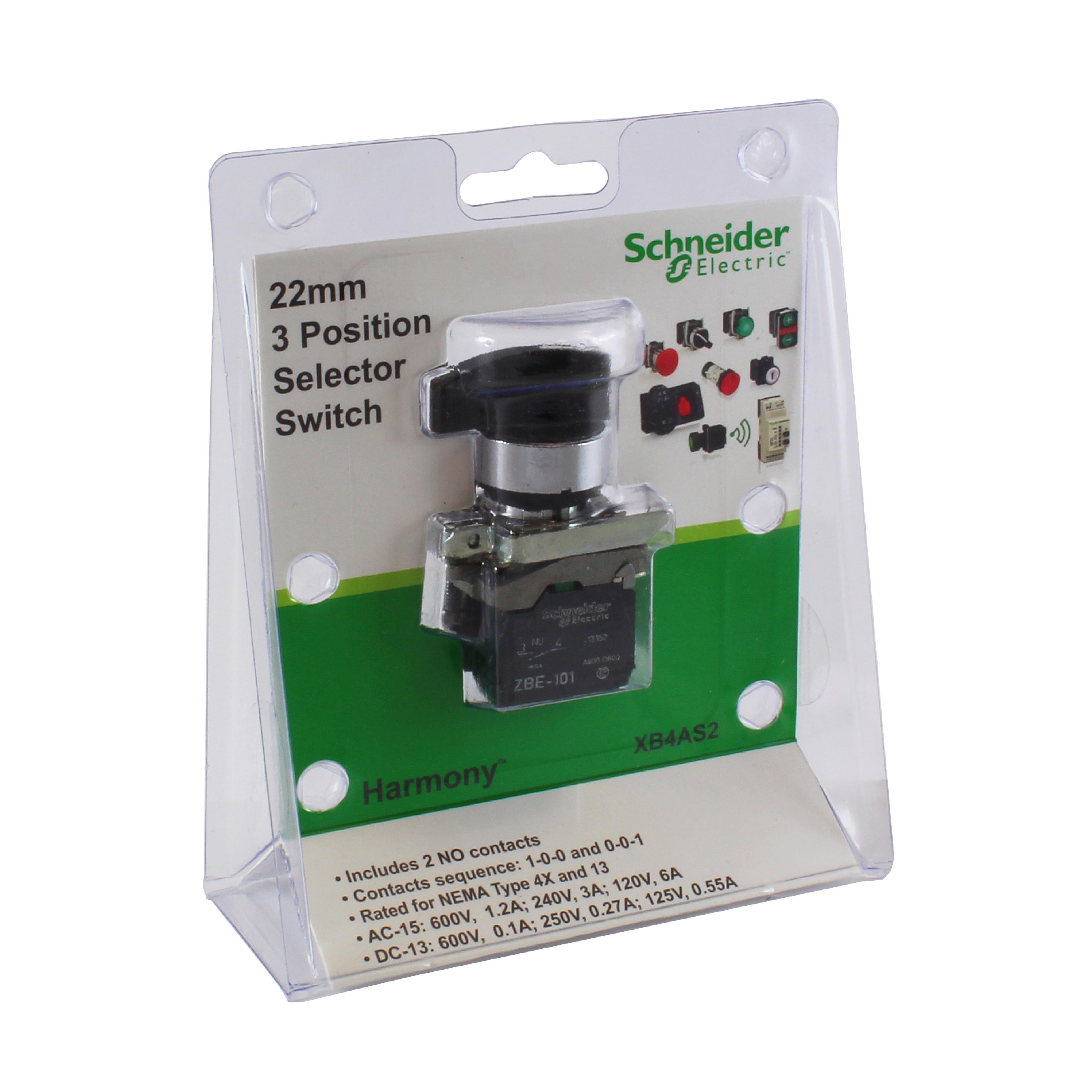 XB4AS2 - Selector switch, Harmony XB4, black, 22mm, 3 positions, stay put, 2NO