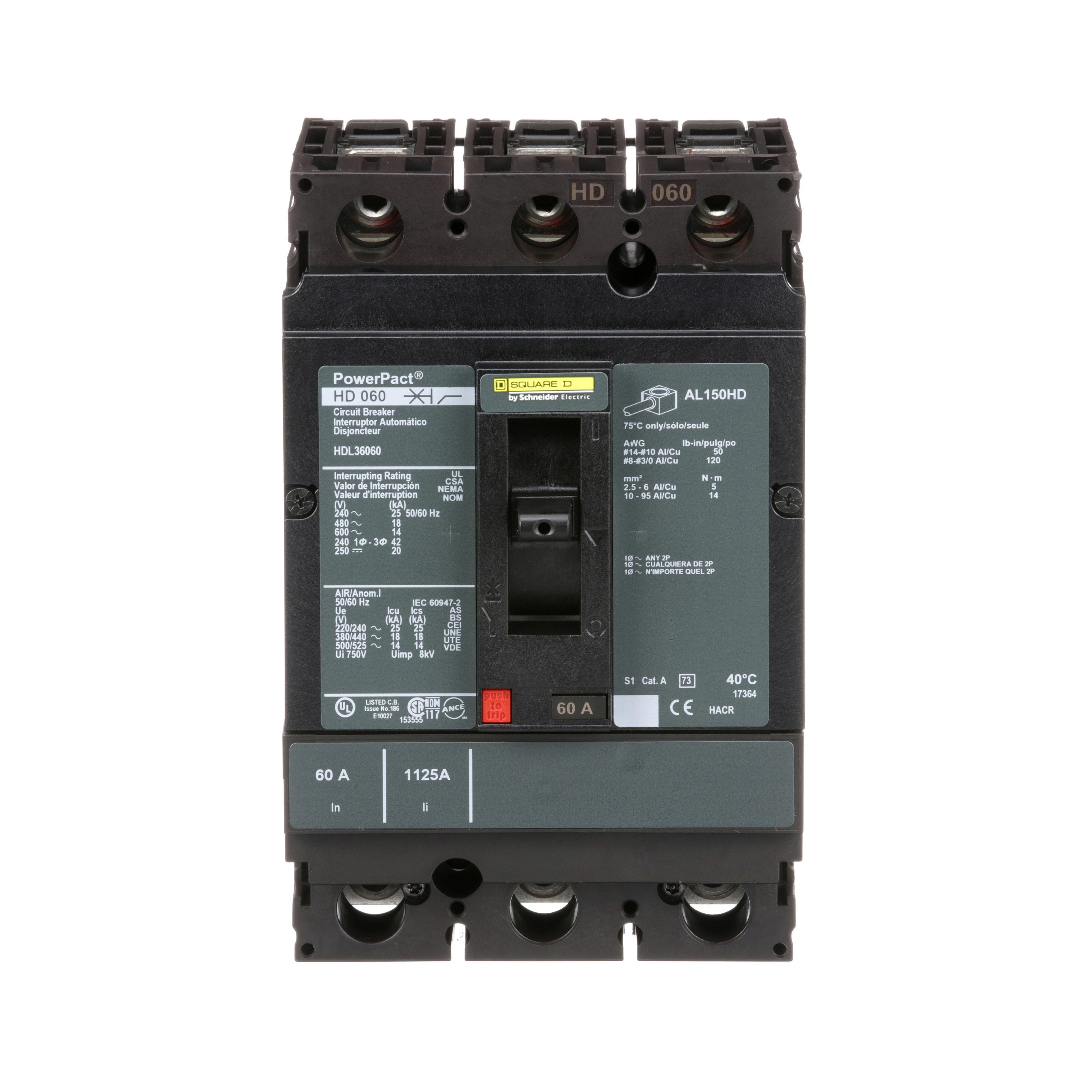 Picture of HDL36060 - Circuit breaker, PowerPacT H, 60A, 3 pole, 600VAC, 14kA, lugs, thermal magnetic, 80%