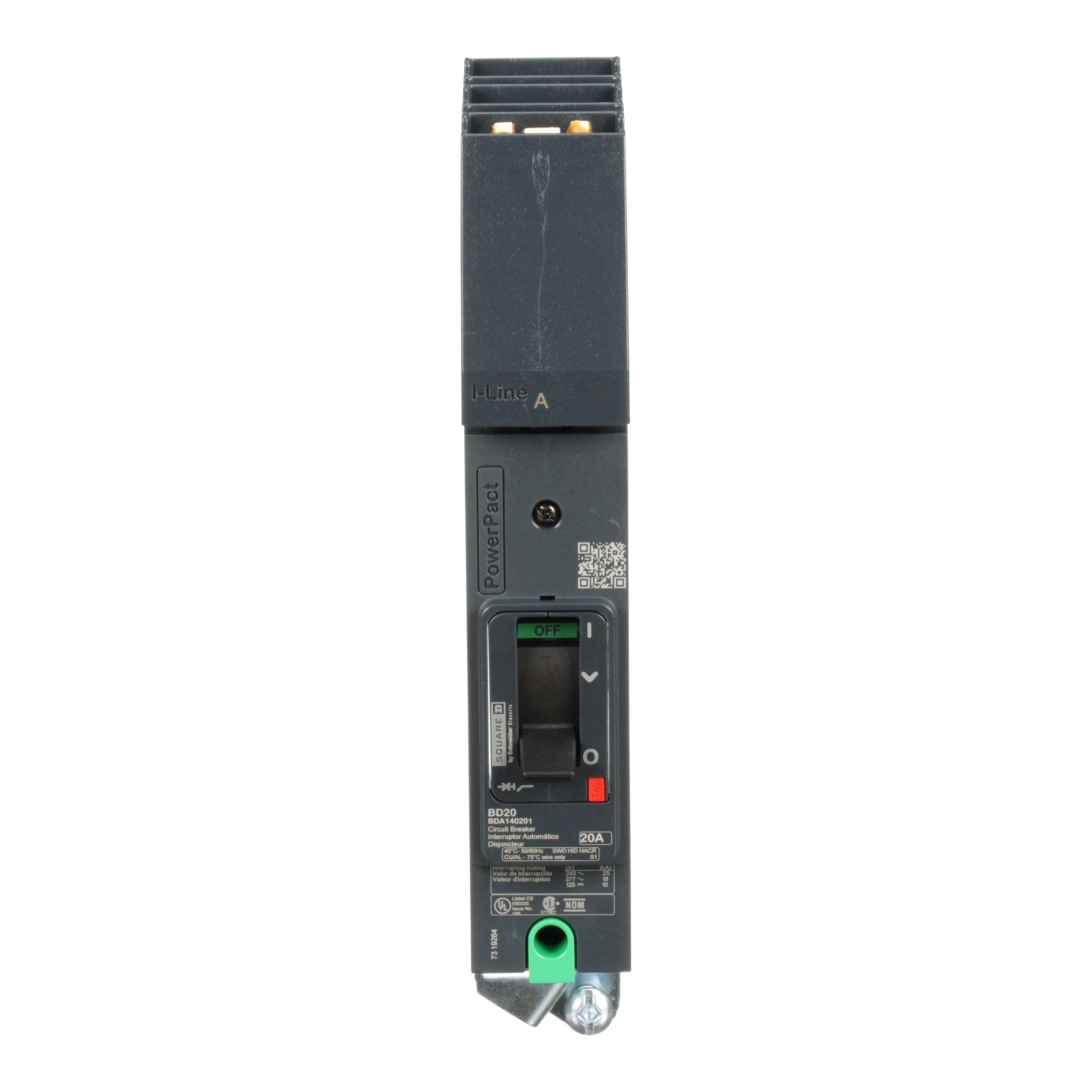 Picture of BDA140201 - Circuit breaker, PowerPacT B, 20A, 1 pole, 480Y/277VAC, 18kA, I-Line, thermal magnetic, 80%, A