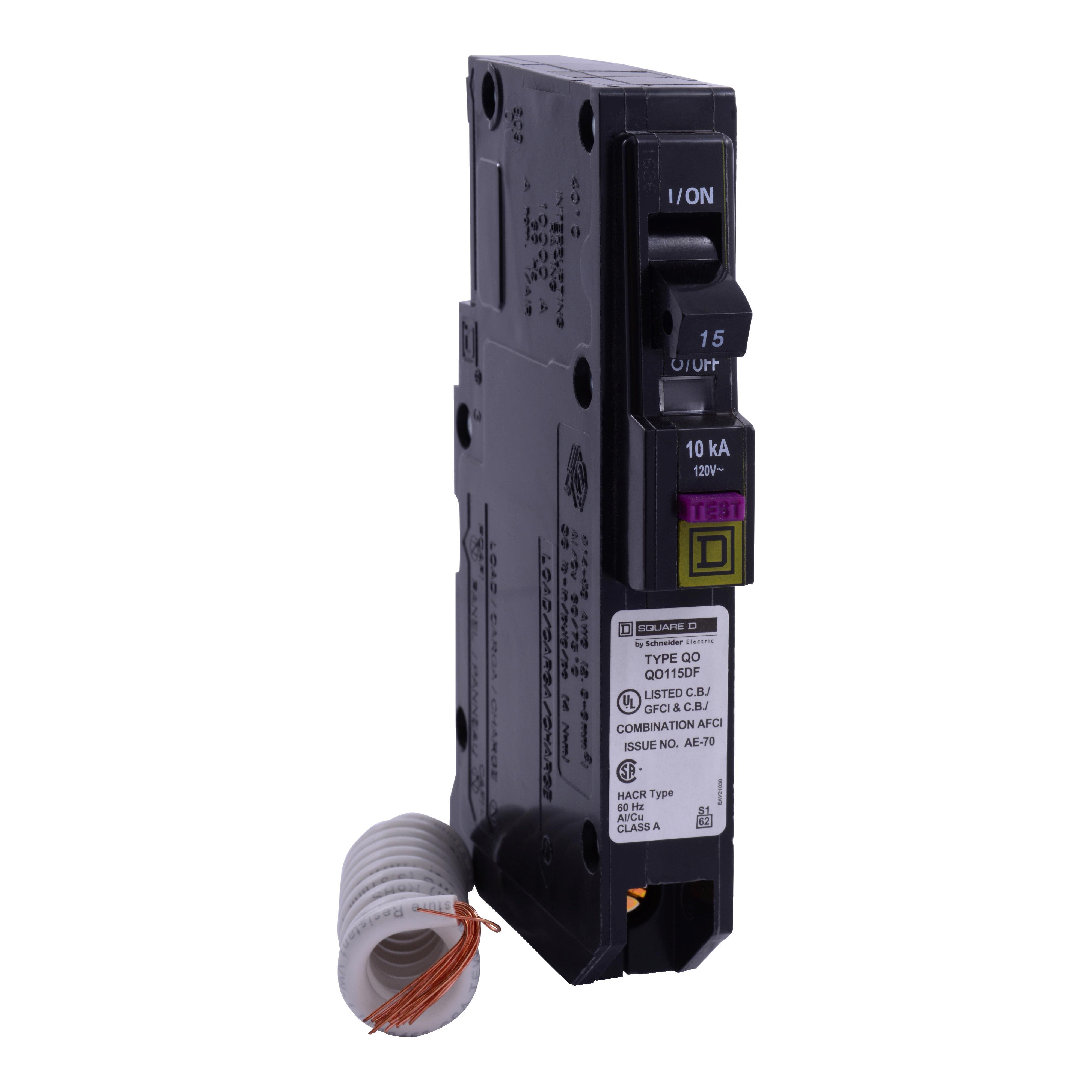 QO115VHDF - Mini circuit breaker, QO, 15A, 1 pole, 120VAC, 22kA, plug in, dual function, pigtail [TAA]