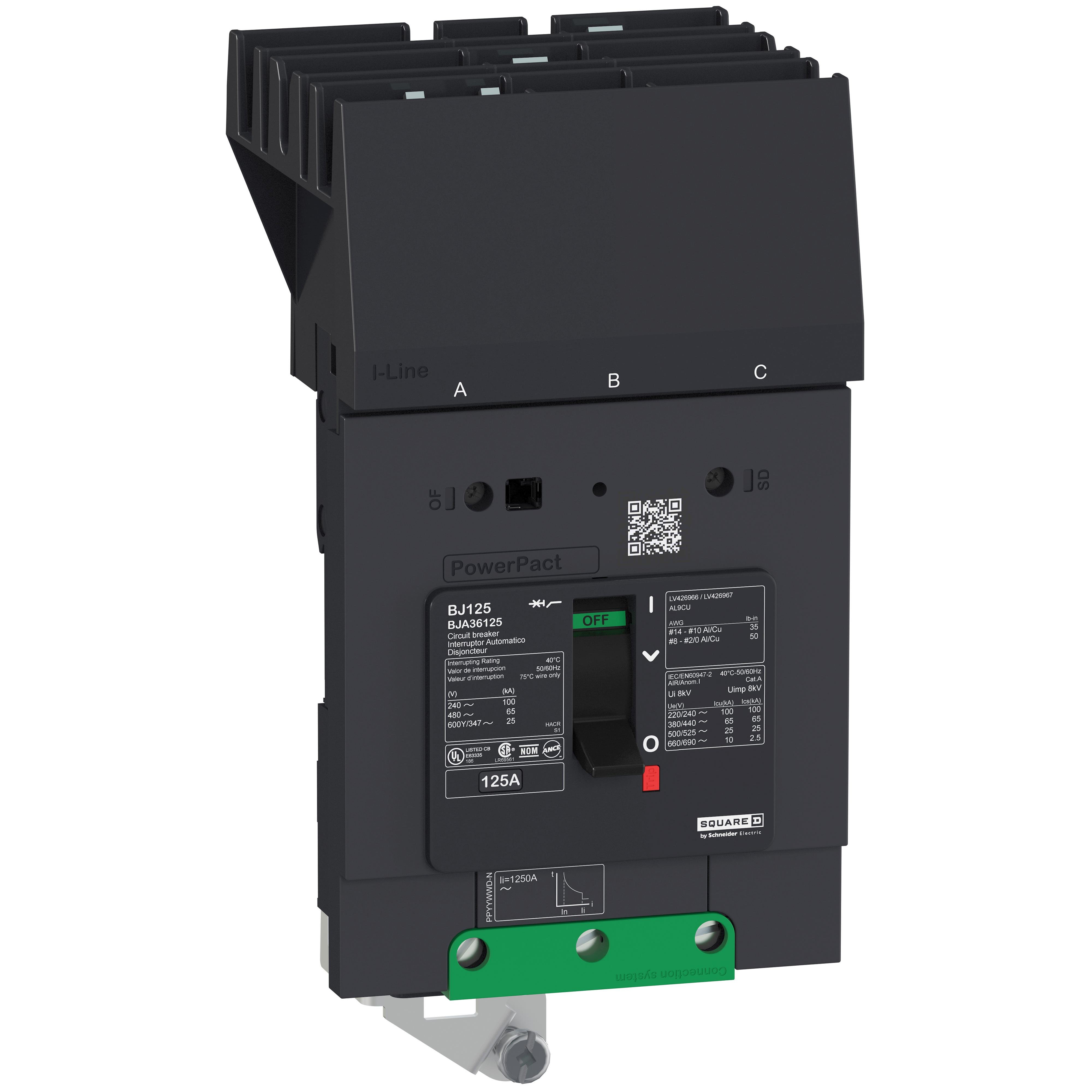 BJA36080 - Circuit breaker, PowerPacT B, 80A, 3 pole, 600Y/347VAC, 25kA, I-Line, thermal magnetic, 80%, ABC