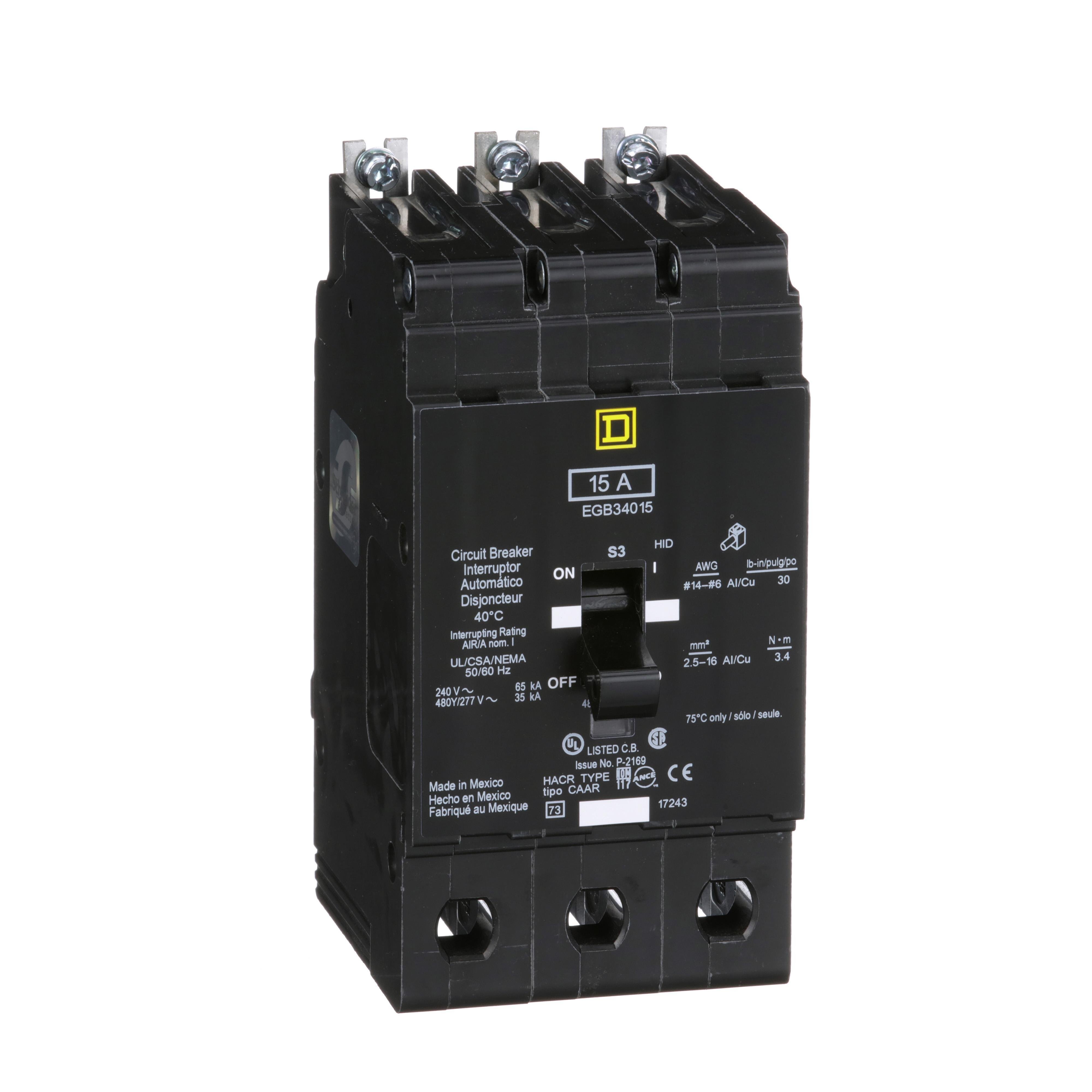 EGB34015 - [TAA] Mini circuit breaker, E-Frame, 15A, 3 pole, 480Y/277VAC, 65kA max, bolt on