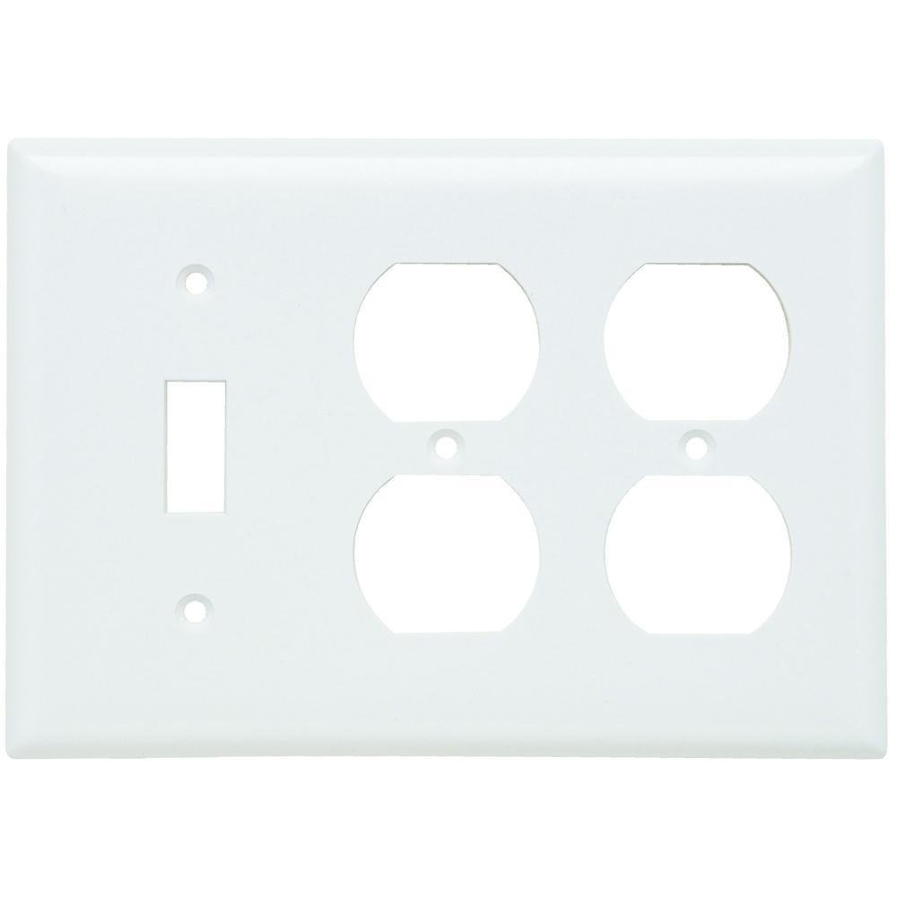 SP182-W - 3-Gang Thermoset Wall Plate, 1 Toggle Switch, 2 Duplex Receptacle, White