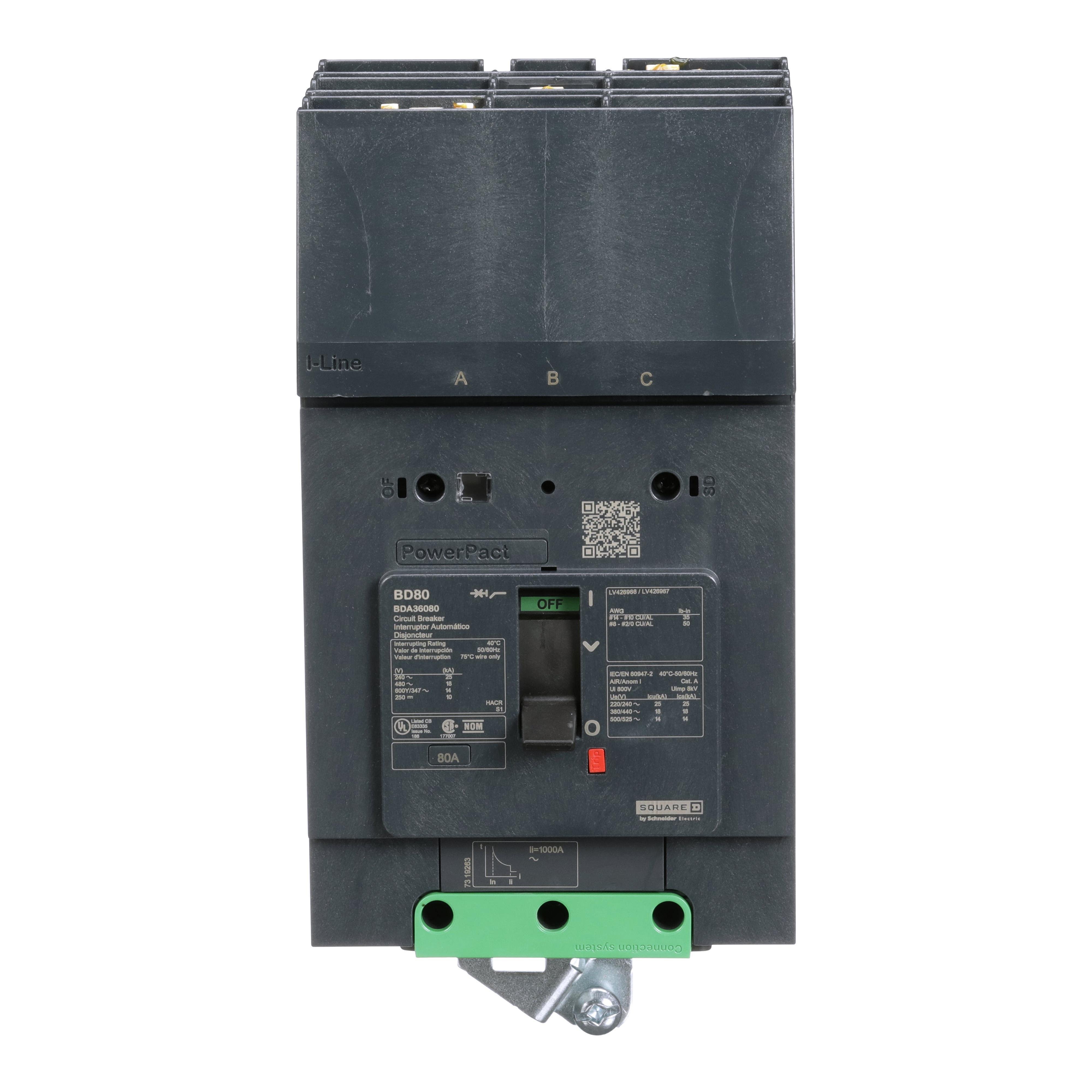 BDA36080 - Circuit breaker, PowerPacT B, 80A, 3 pole, 600Y/347VAC, 14kA, I-Line, thermal magnetic, 80%, ABC