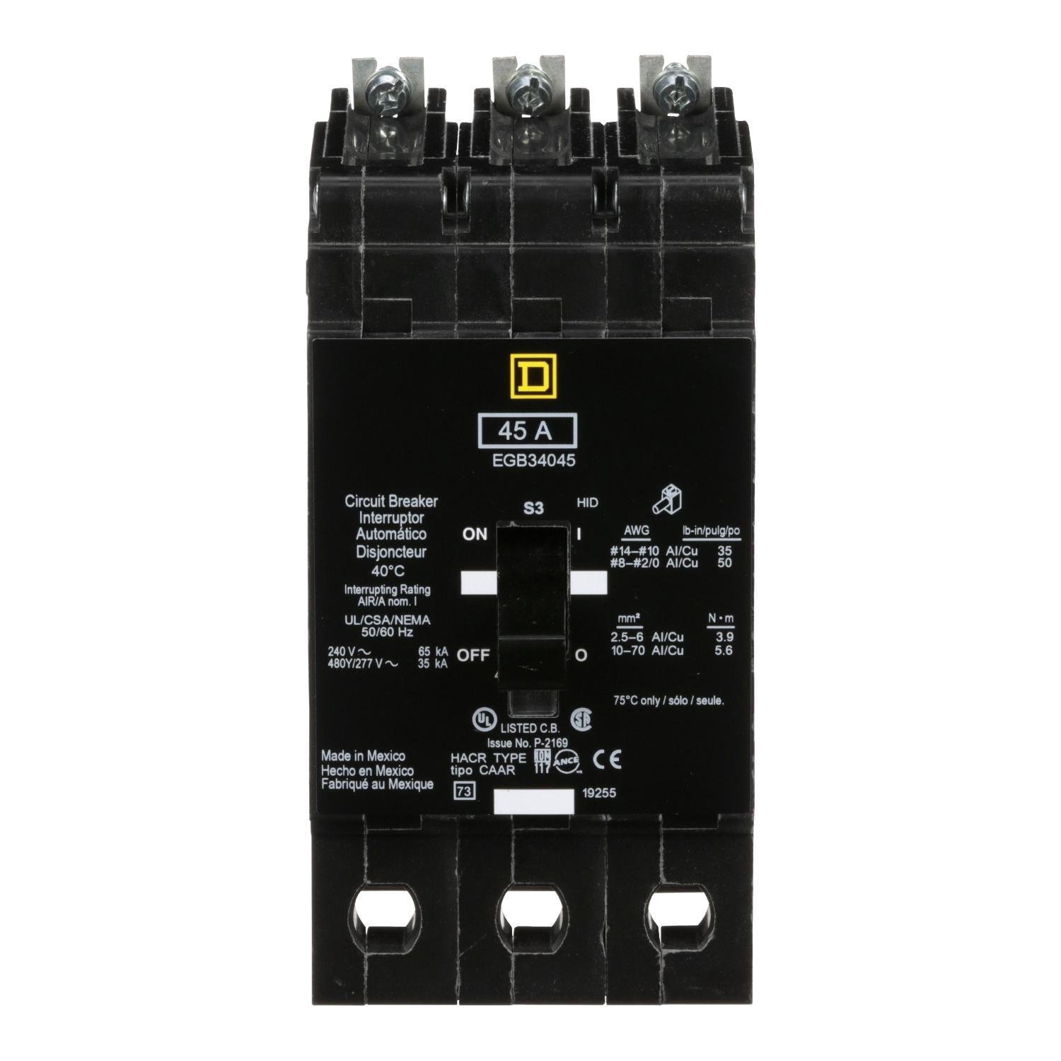 EGB34045 - Mini circuit breaker, E-Frame, 45A, 3 pole, 480Y/277VAC, 65kA max, bolt on [TAA]