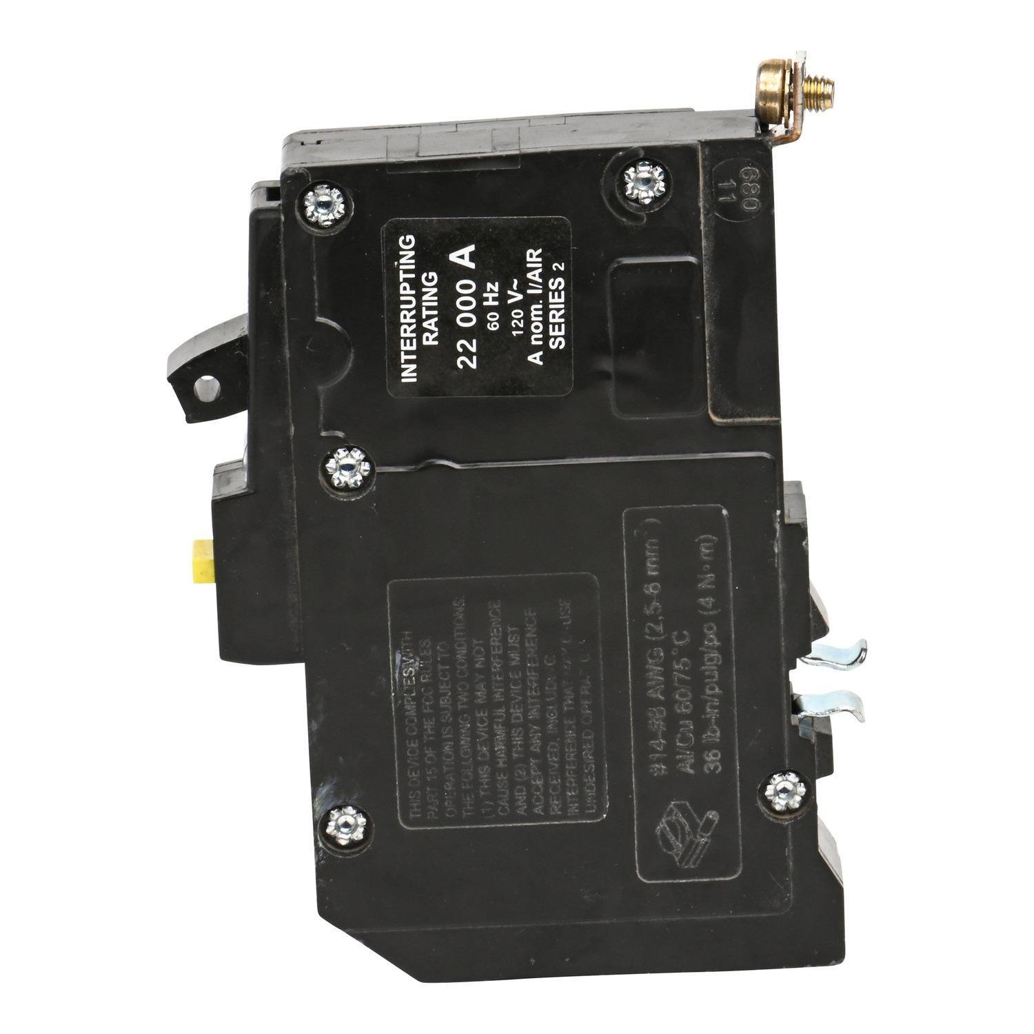 Picture of QOB115VHGFI - Mini circuit breaker, QO, 15A, 1 pole, 120VAC, 22kA, bolt on, 6mA grd fault A, pigtail