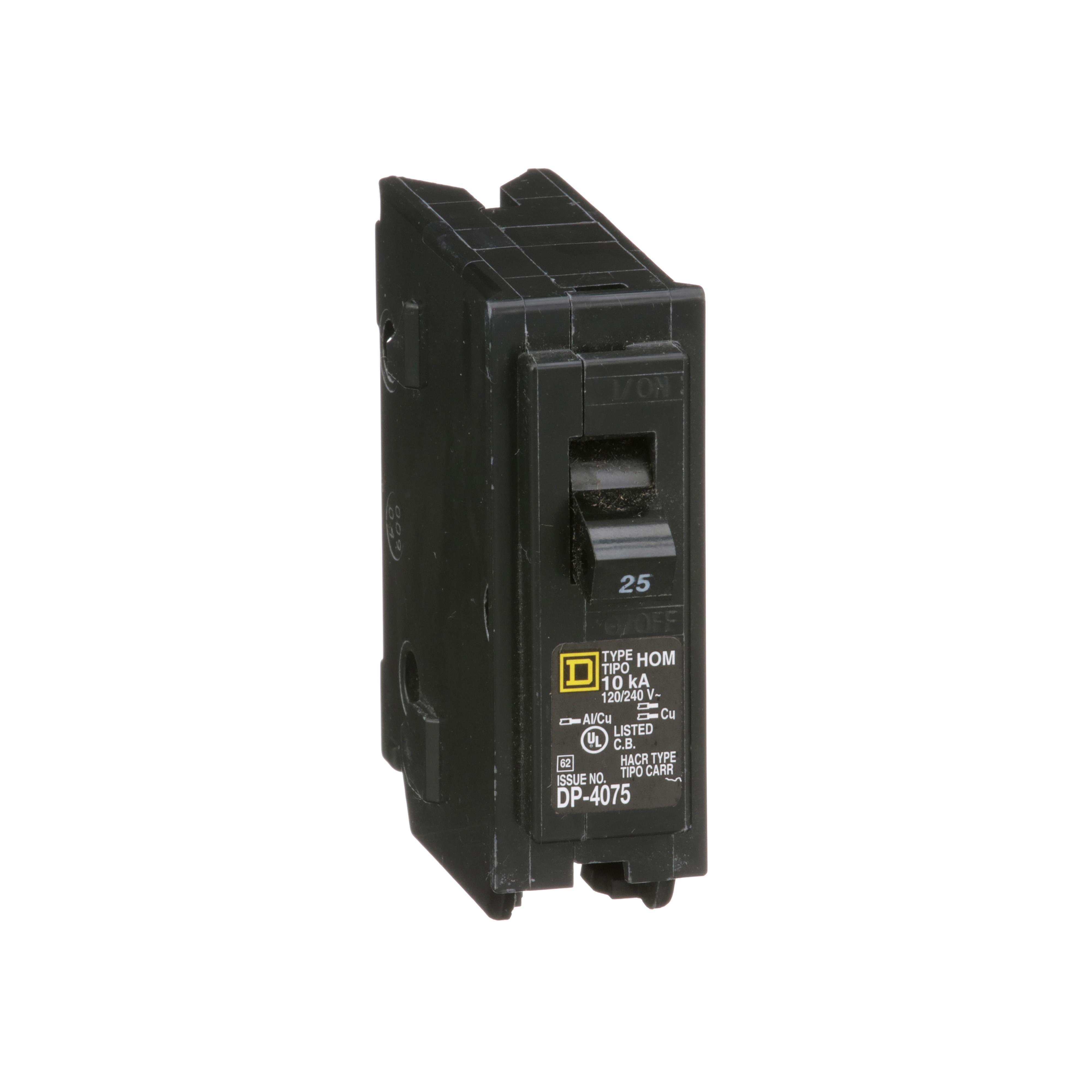 HOM125 - Mini circuit breaker, Homeline, 25A, 1 pole, 120/240VAC, 10kA AIR, standard type, plug in, UL