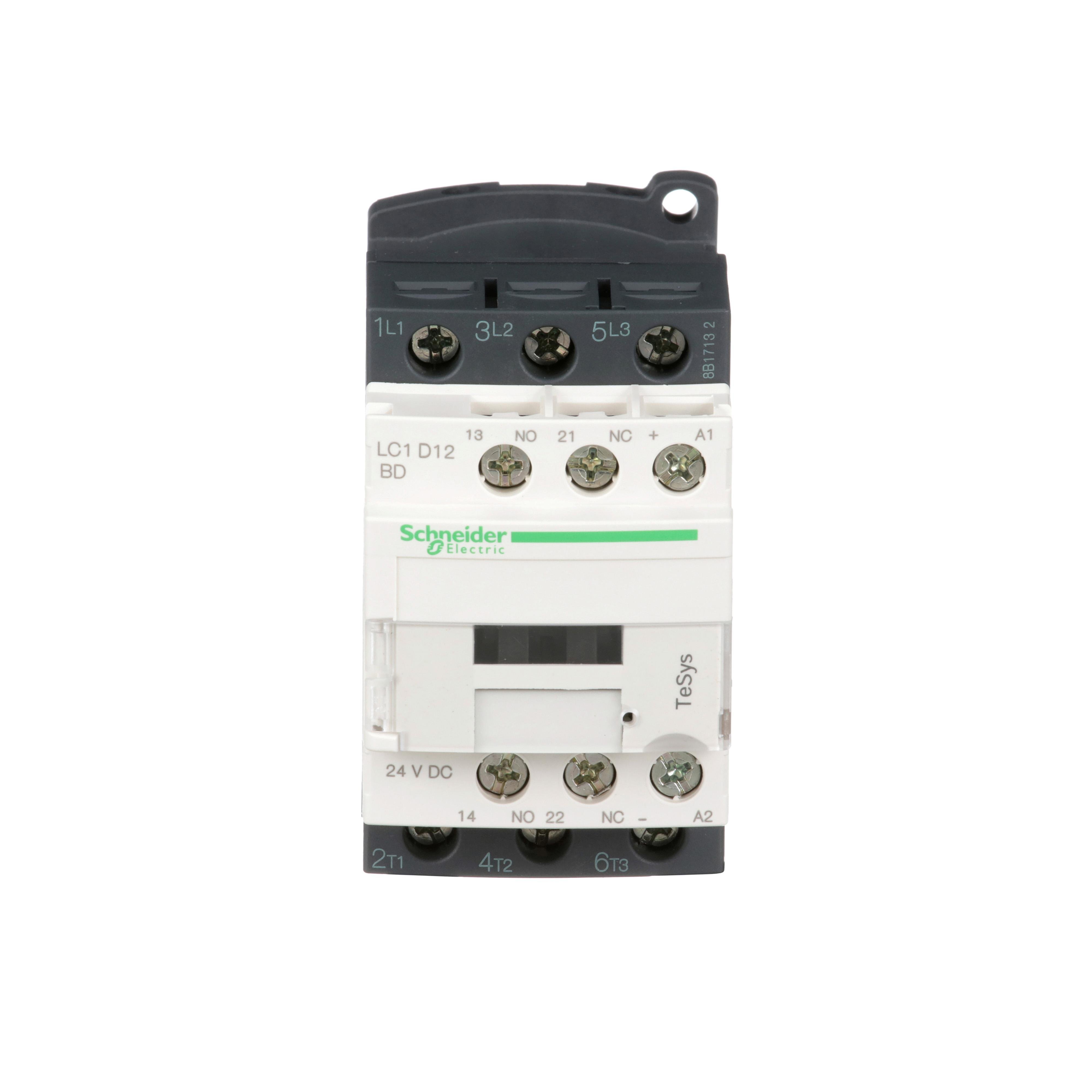 LC1D12BD - IEC contactor, TeSys Deca, nonreversing, 12A, 7.5HP at 480VAC, up to 100kA SCCR, 3 phase, 3 NO, 24VDC coil, open style