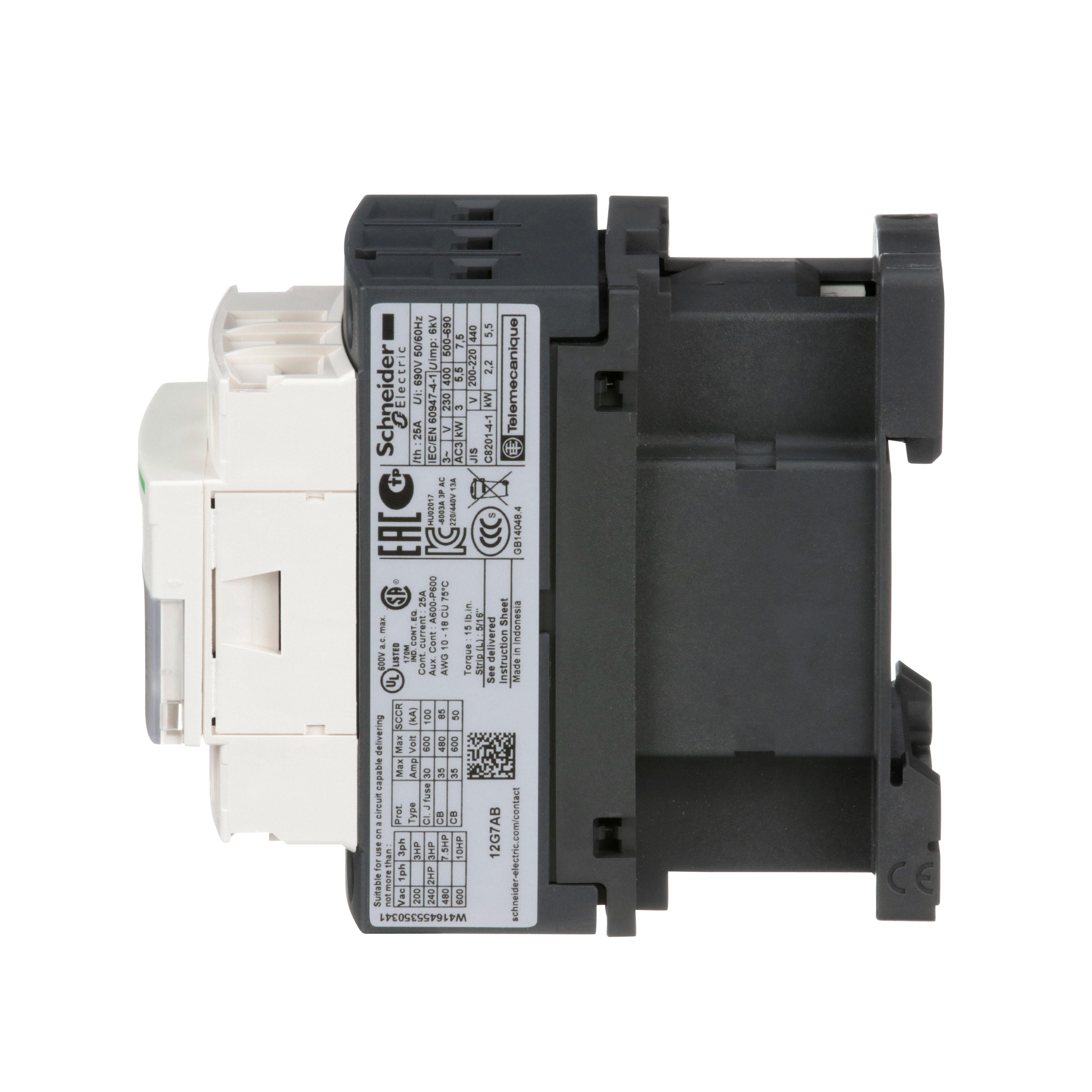 Picture of LC1D12G7 - IEC contactor, TeSys Deca, nonreversing, 12A, 7.5HP at 480VAC, up to 100kA SCCR, 3 phase, 3 NO, 120VAC 50/60Hz coil, open