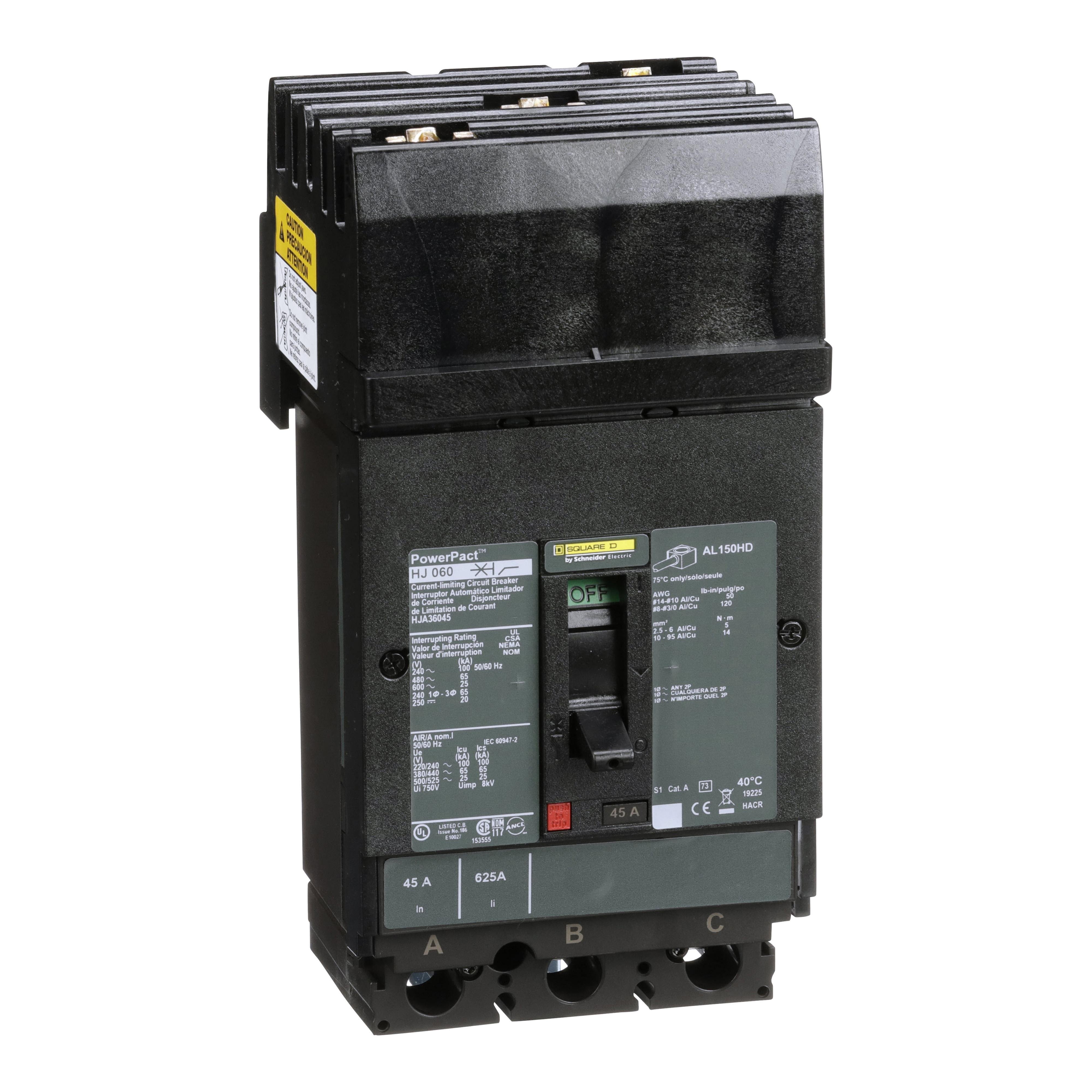 HJA36045 - Circuit breaker, PowerPacT H, 45A, 3 pole, 600VAC, 25kA, I-Line, thermal magnetic, 80%, ABC