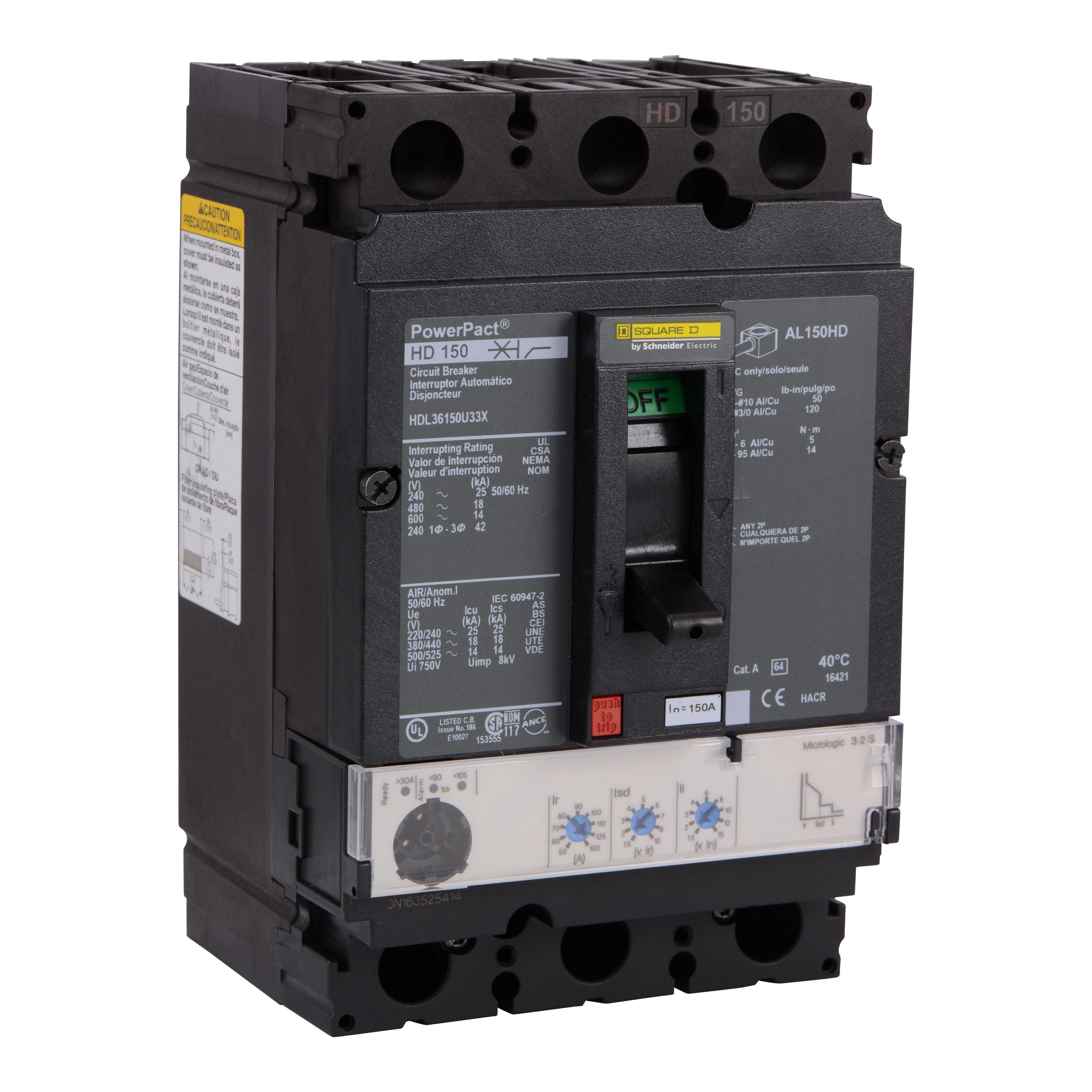 Picture of HDL36150CU33X - Circuit breaker, PowerPacT H, 150A, 3 pole, 600VAC, 14kA, lugs, Micrologic 3.2S, 100%