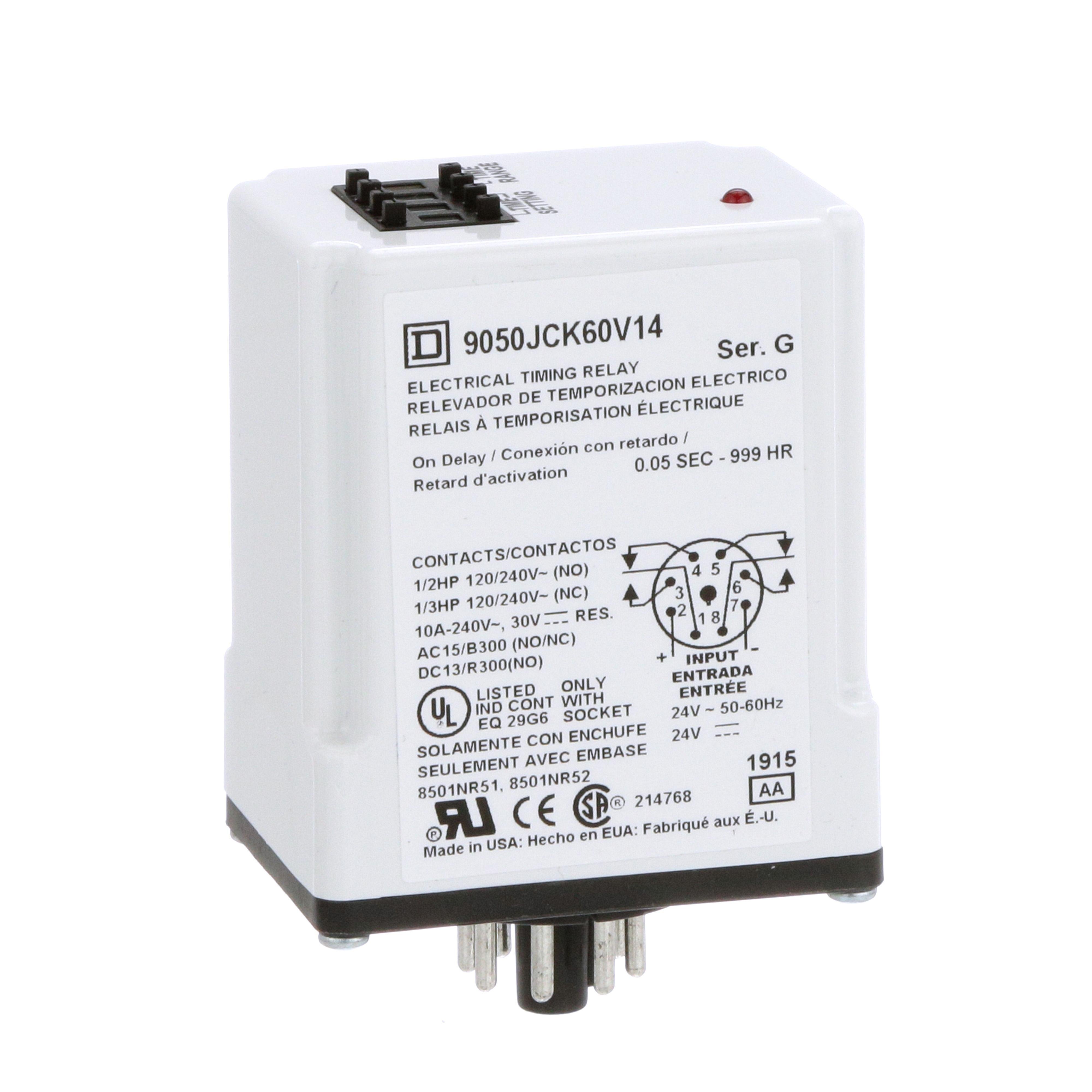 9050JCK60V14 - Timing Relay, Type JCK, plug In, on delay, programmable, 0.5 second to 999 hours, 10A, 240 VAC, 24 VAC/DC