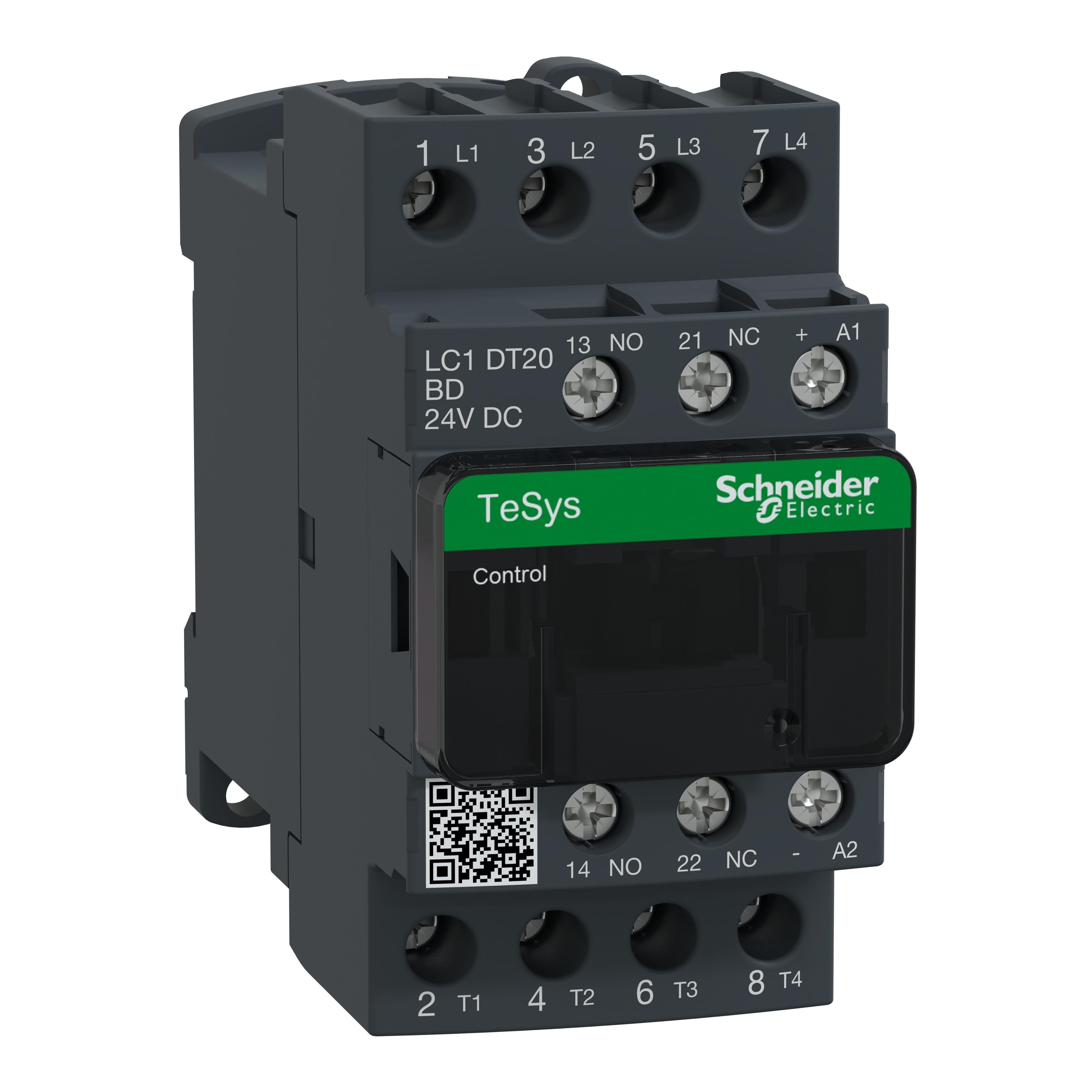 Picture of LC1DT20BD - IEC contactor, TeSys Deca, nonreversing, 20A resistive, 4 pole, 4 NO, 24VDC coil, open style