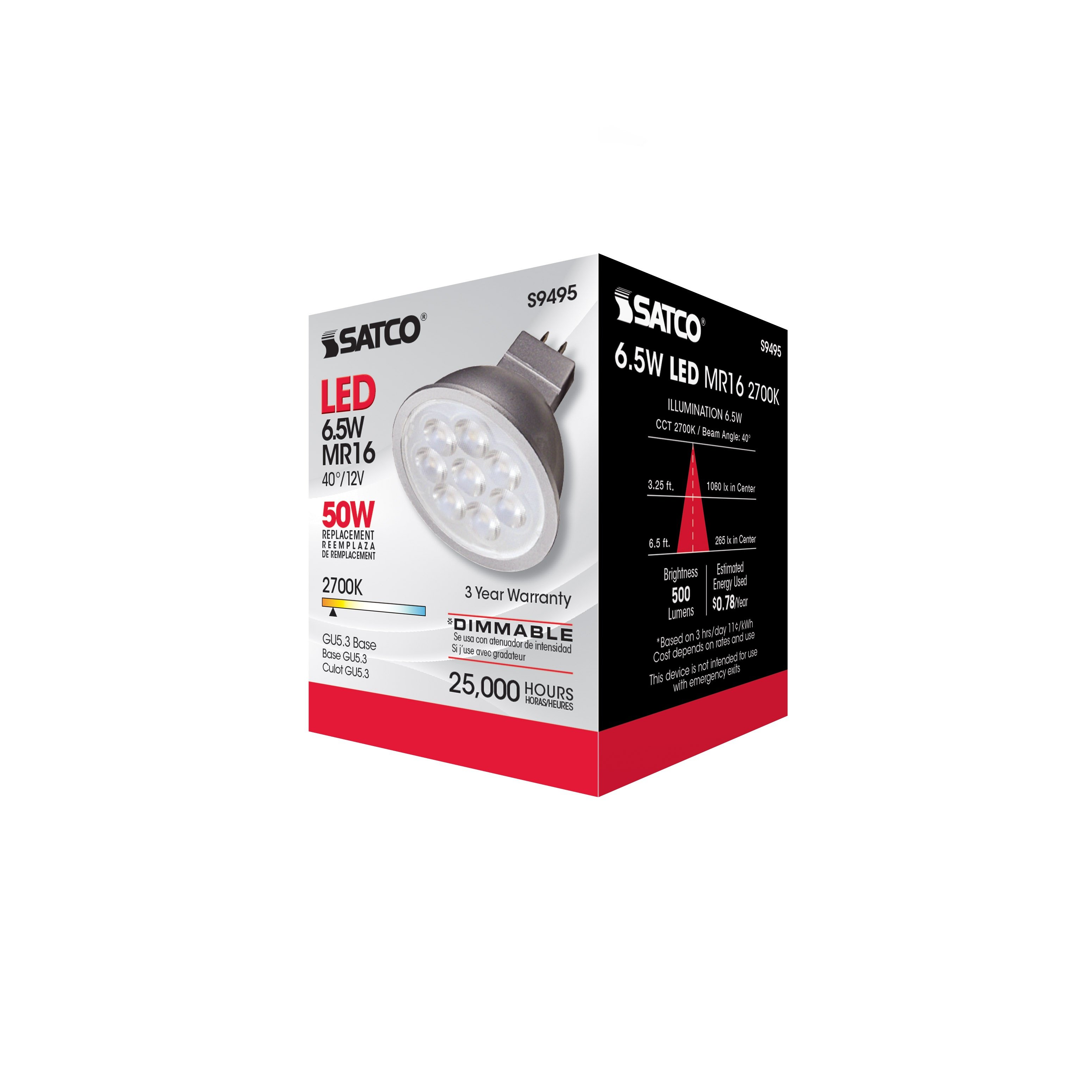 Picture of S9495 - 6.5 Watt - LED MR16 LED - 2700K - 40 deg. Beam Angle - GU5.3 base - 12 Volt AC/DC