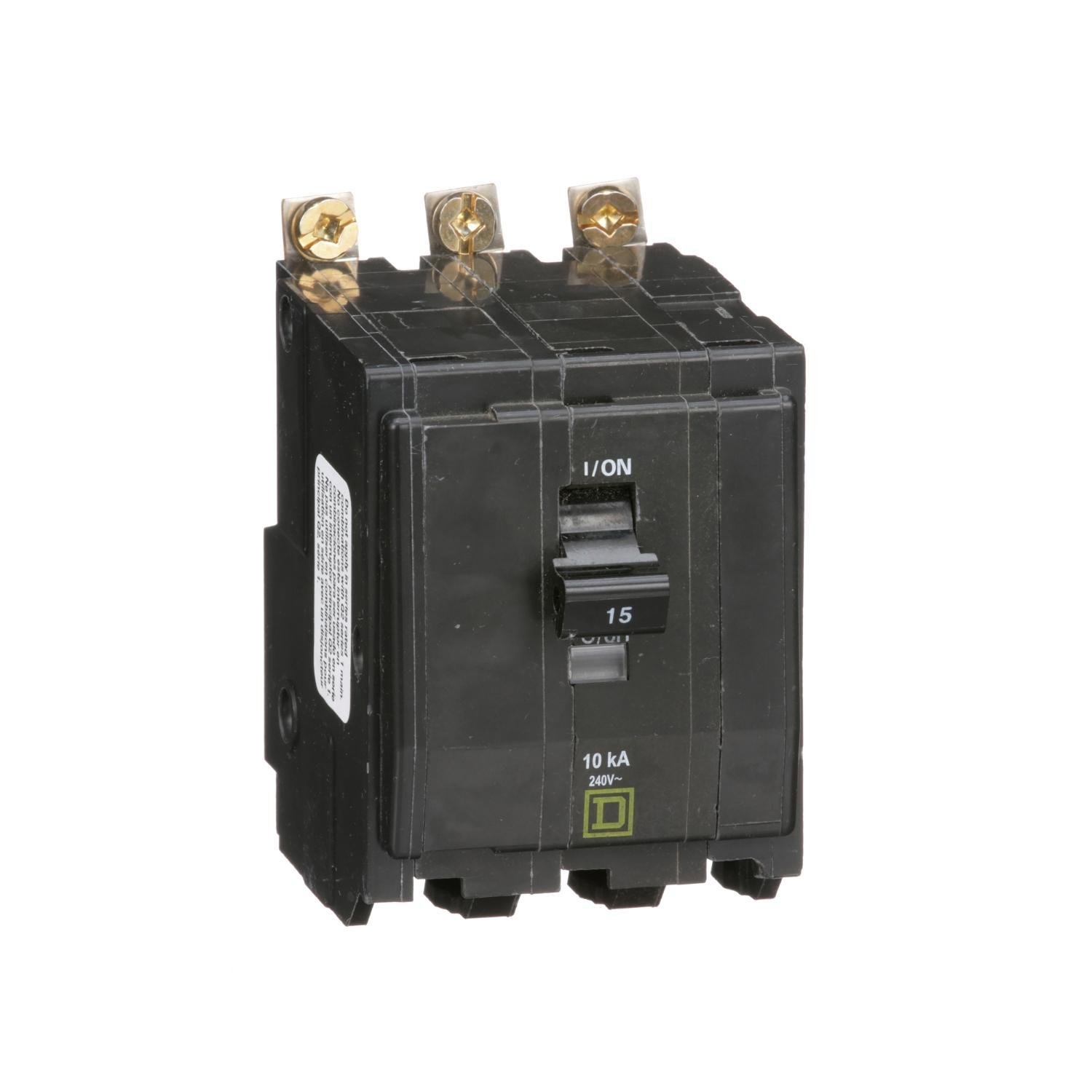 Picture of QOB315 - Mini circuit breaker, QO, 15A, 3 pole, 120/240VAC, 10kA, bolt on