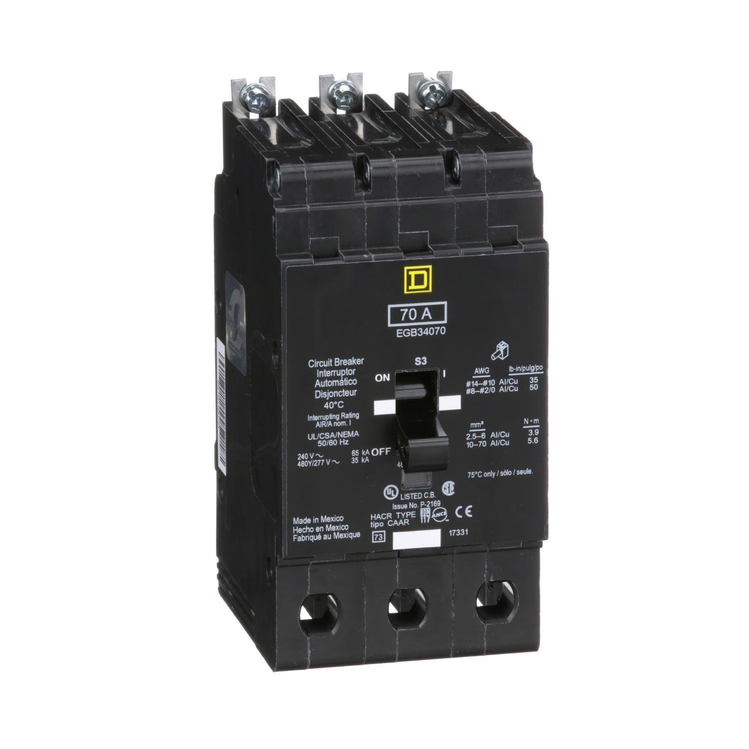 Picture of EGB34070 - Mini circuit breaker, E-Frame, 70A, 3 pole, 480Y/277VAC, 65kA max, bolt on [TAA]
