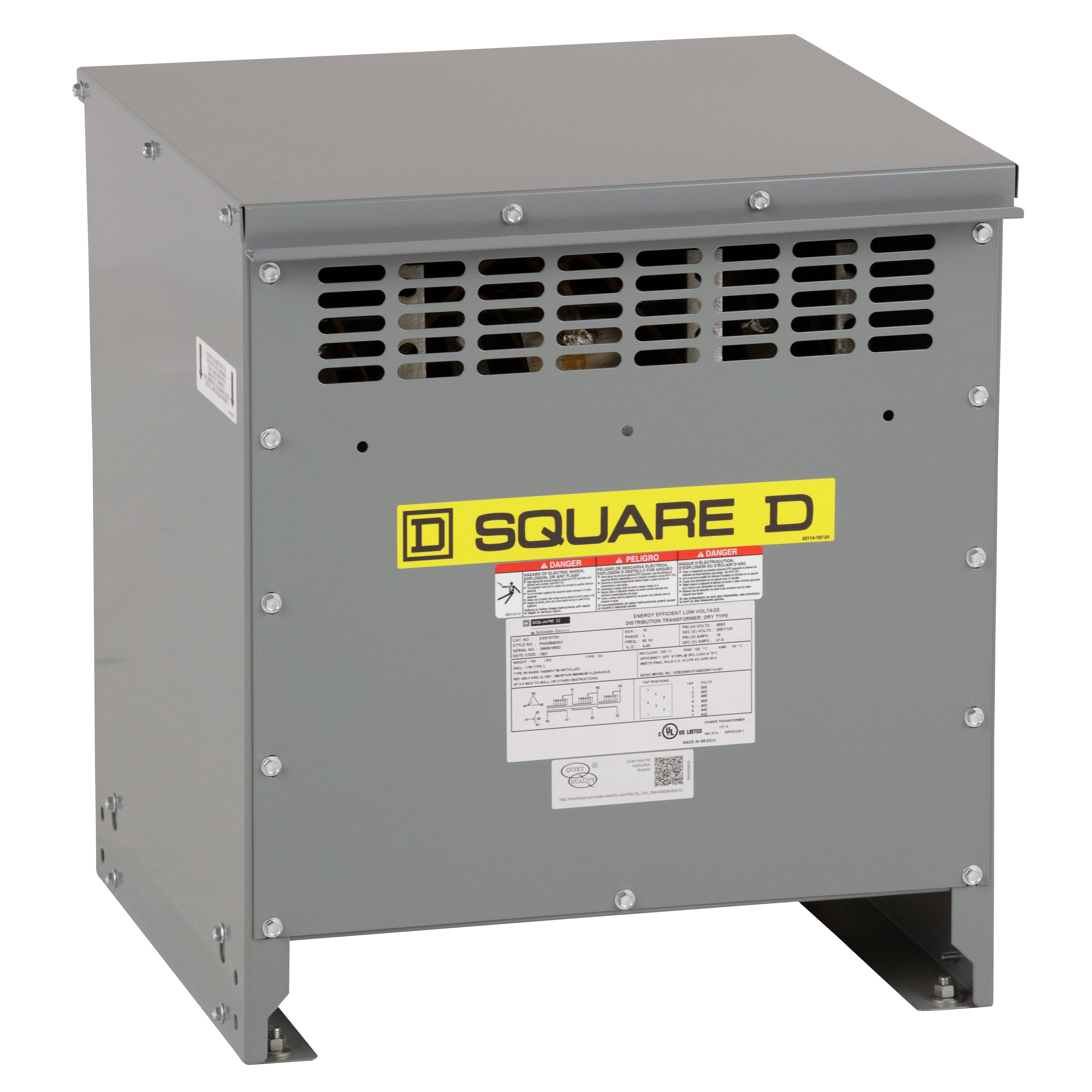 EXN15T3H - Transformer, dry type, DOE 2016, 15kVA, 3 phase, 480V delta primary, 208Y/120V secondary, 17M, 150C rise
