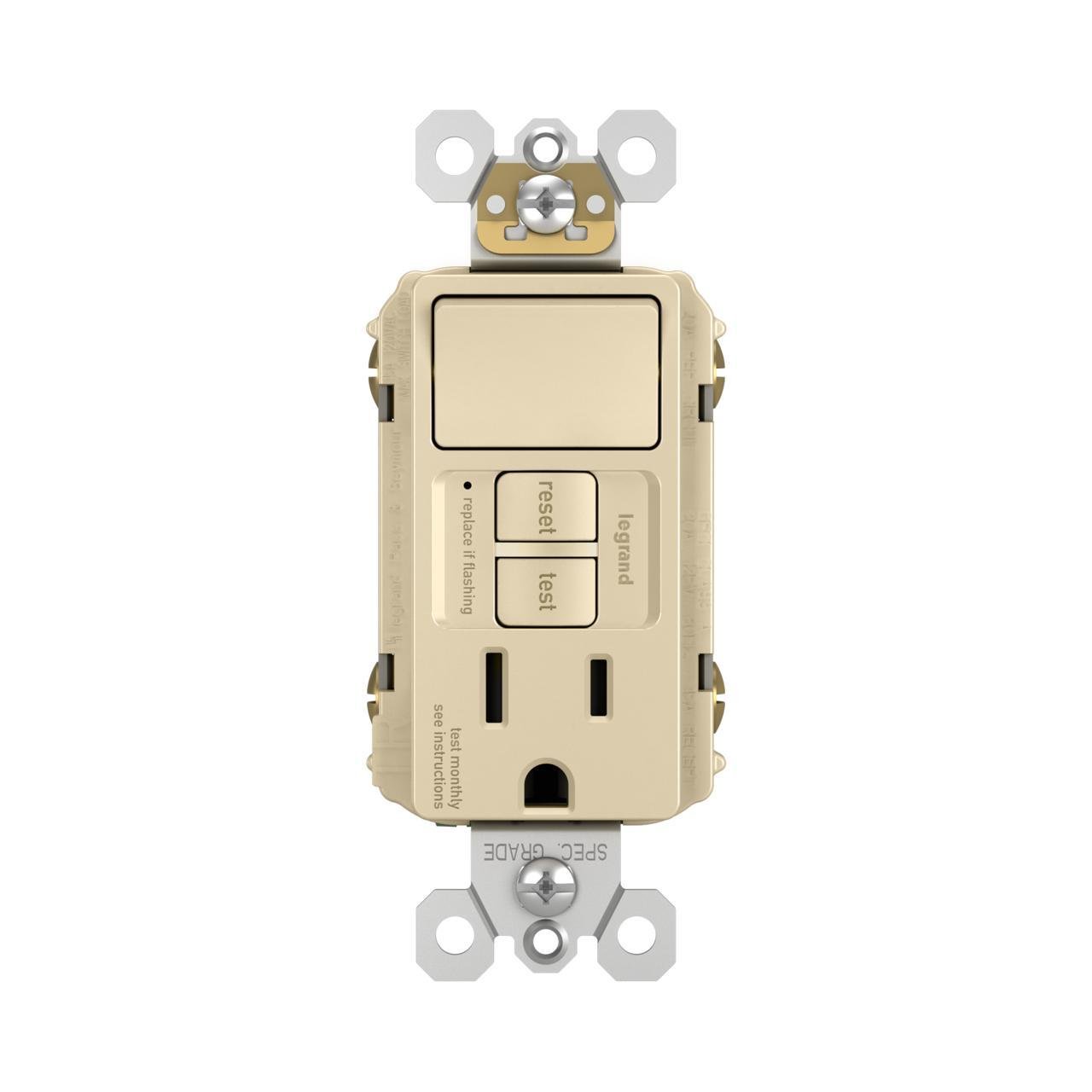 1597-SWTTRICCD4 - radiant® Combination Single Pole Switch and Tamper-Reistant 15A Duplex Self-Test GFCI Receptacles with SafeLock® Protection, Ivory
