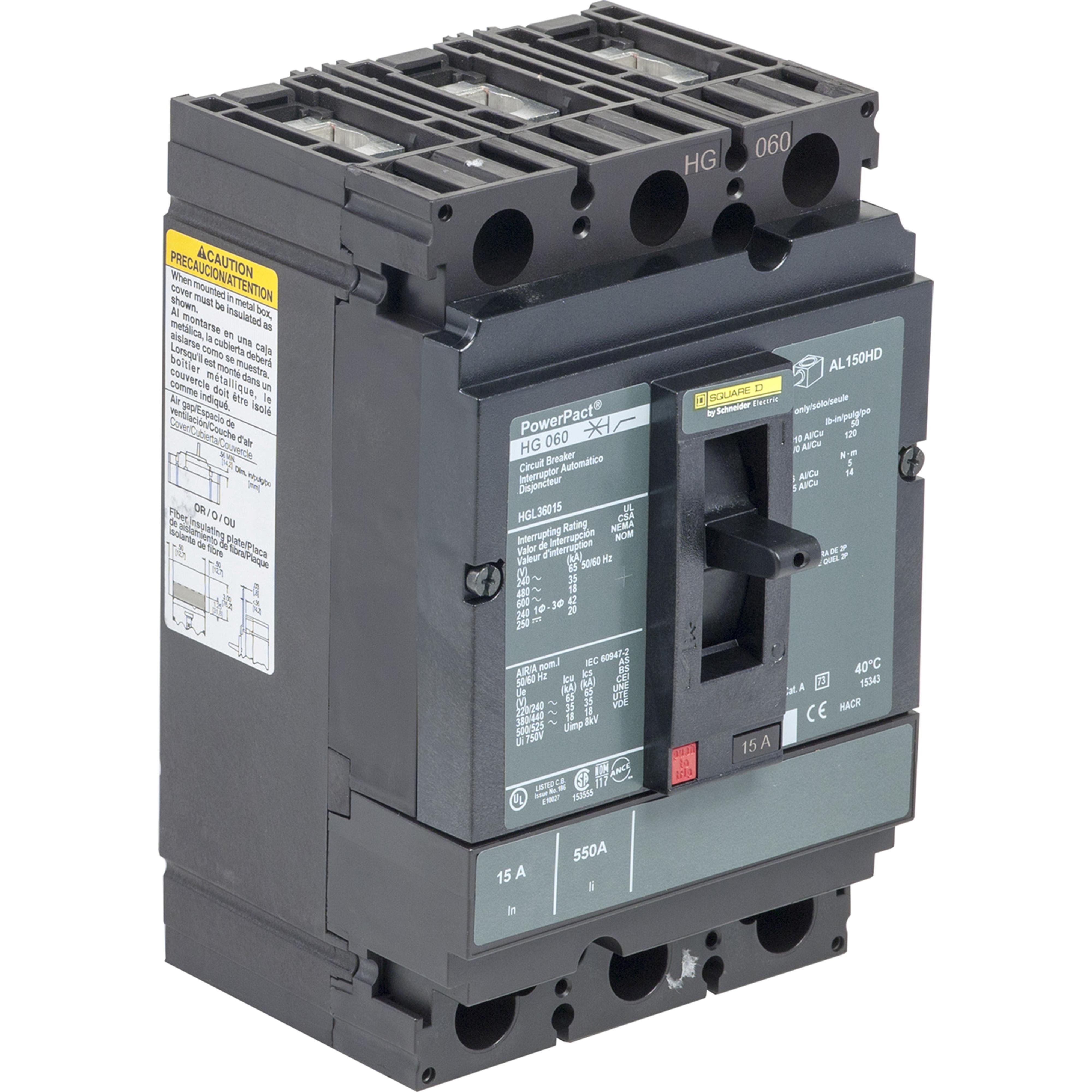 HGL36125SA - Circuit breaker, PowerPacT H, 125A, 3 pole, 600VAC, 18kA, lugs, thermal magnetic, 80%, shunt