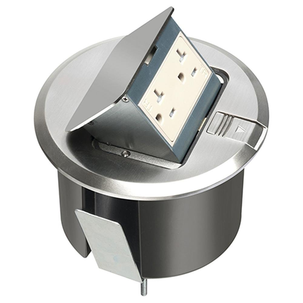 FLBT6520NL - Pop up counter top box kit with round nickel plated cover. With Round plastic box. Comes with 20 amp decorator style tamper resistant receptacle.
