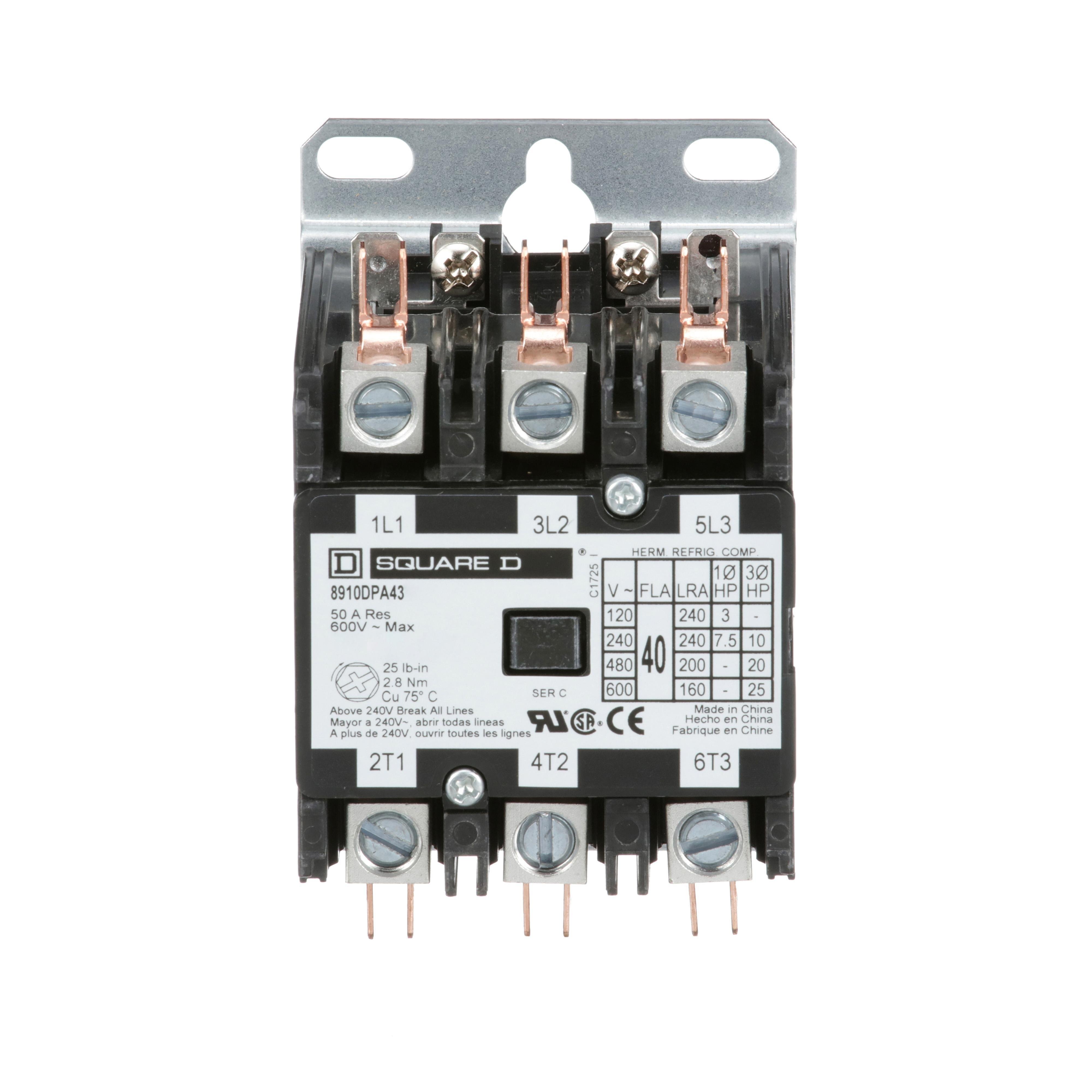 8910DPA43V06 - Contactor, Definite Purpose, 40A, 3 pole, 25HP at 575VAC, 3 phase, 440/480VAC 50/60Hz coil, open