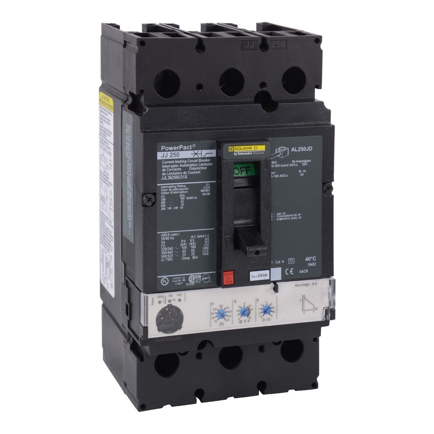 JJL36250U31X - Circuit breaker, PowerPacT J, 250A, 3 pole, 600VAC, 25kA, lugs, Micrologic 3.2, 80%