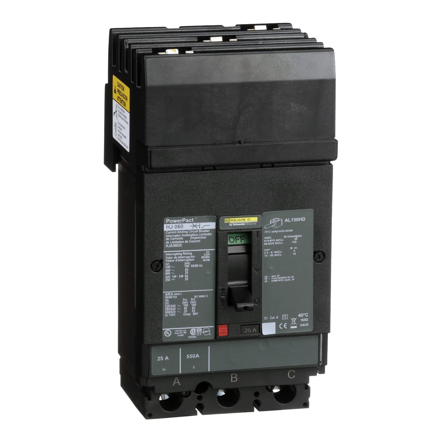 Picture of HJA36025 - Circuit breaker, PowerPacT H, 25A, 3 pole, 600VAC, 25kA, I-Line, thermal magnetic, 80%, ABC