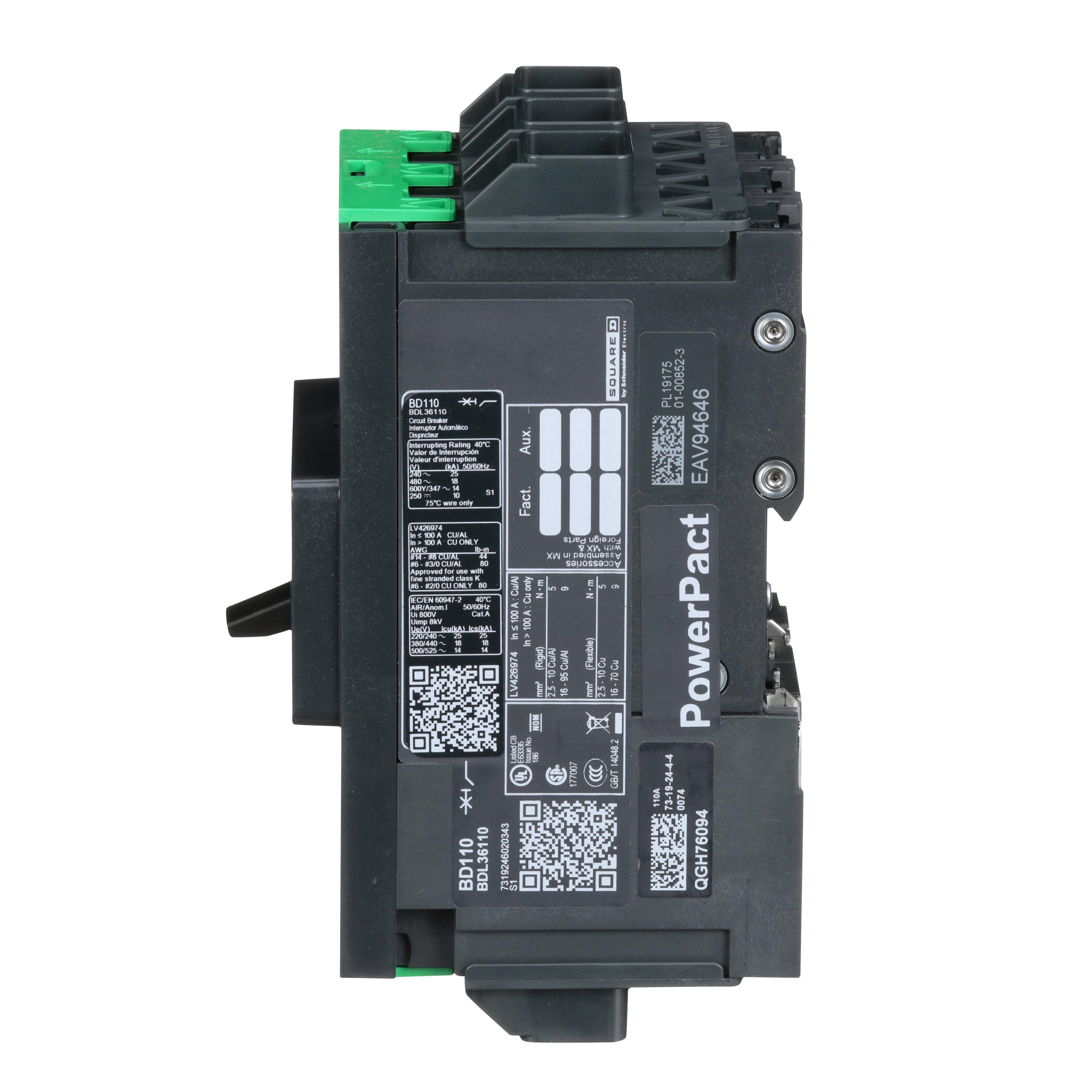 Picture of BDL36110 - Circuit breaker, PowerPacT B, 110A, 3 pole, 600Y/347VAC, 14kA, lugs, thermal magnetic, 80%