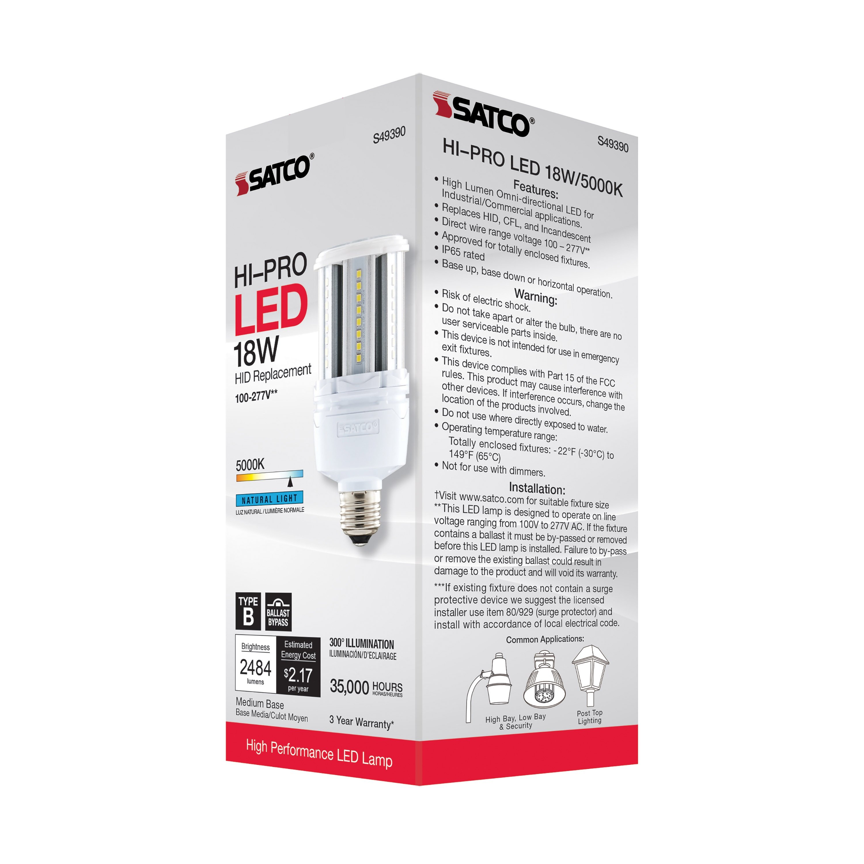 Picture of S49390 - 18 Watt LED HID Replacement - 80 CRI - 5000K - Type B - Ballast Bypass - Medium base - Economy Hi-Pro