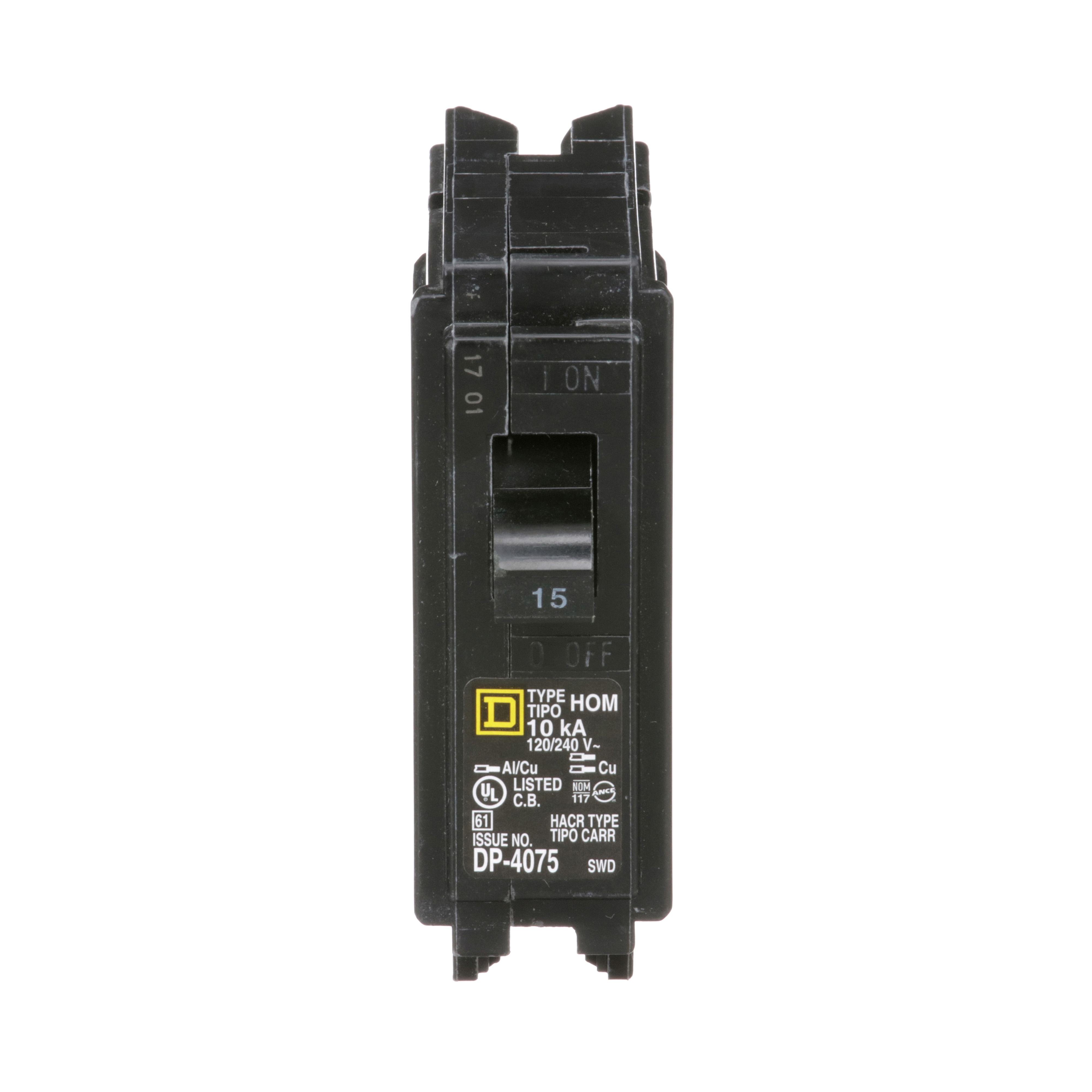 Picture of HOM115 - Mini circuit breaker, Homeline, 15A, 1 pole, 120/240VAC, 10kA AIR, standard type, plug in, UL