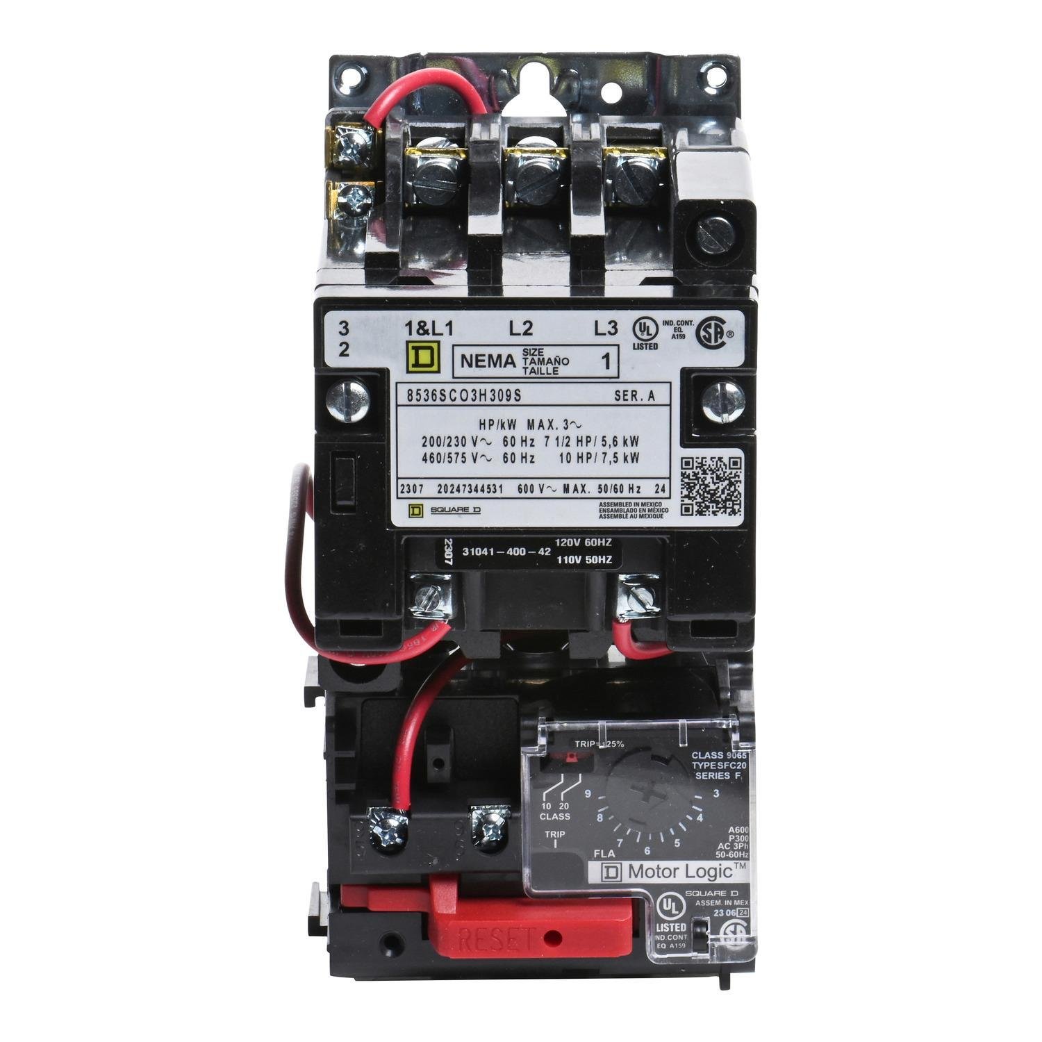 8536SCO3V02H309S - NEMA motor starter, Type S, nonreversing, Size 1, 27A, 10HP at 460VAC, up to 100kA SCCR, 3 phase, 3 pole, Motor Logic, 120VAC coil, open [TAA]