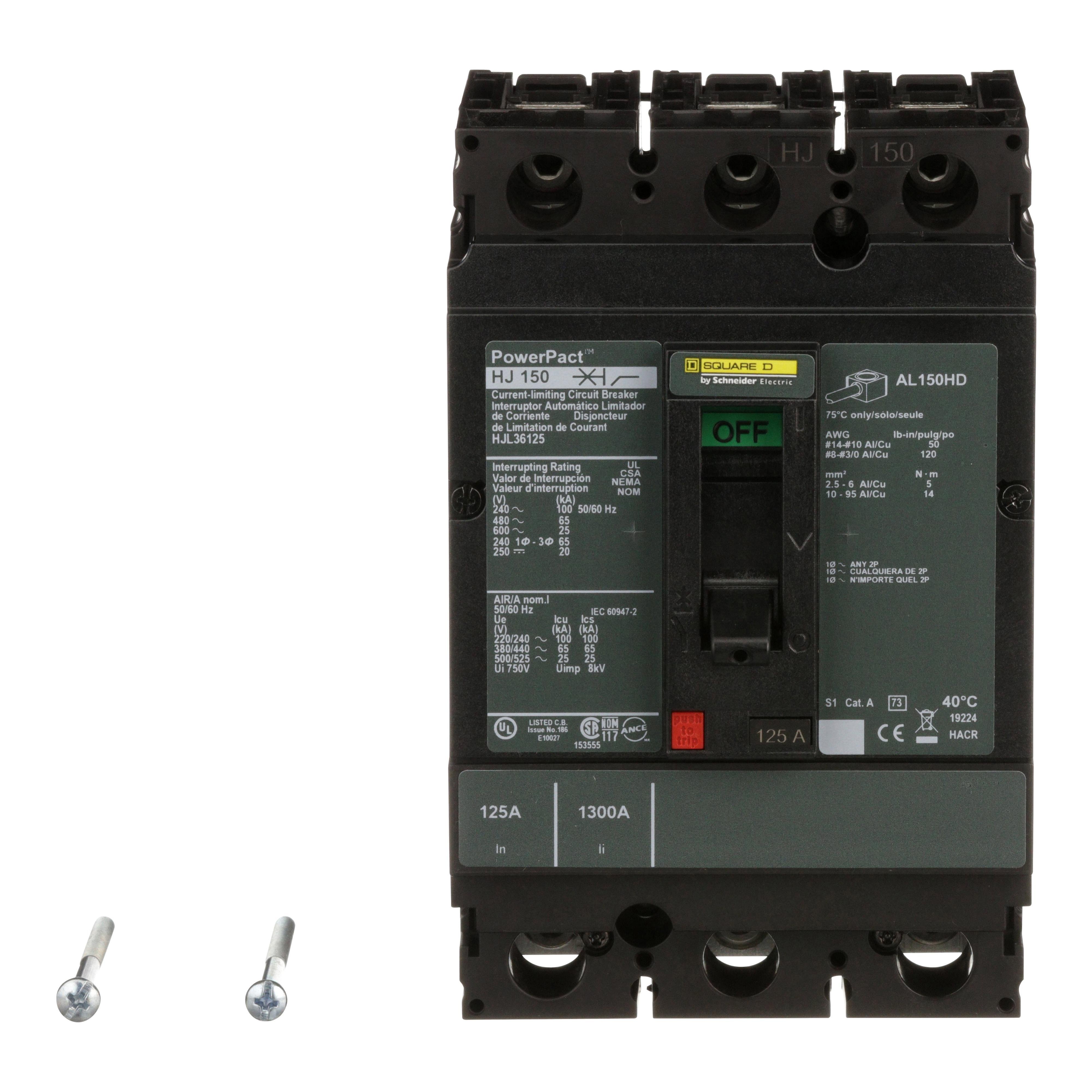 Picture of HJL36125 - Circuit breaker, PowerPacT H, 125A, 3 pole, 600VAC, 25kA, lugs, thermal magnetic, 80%