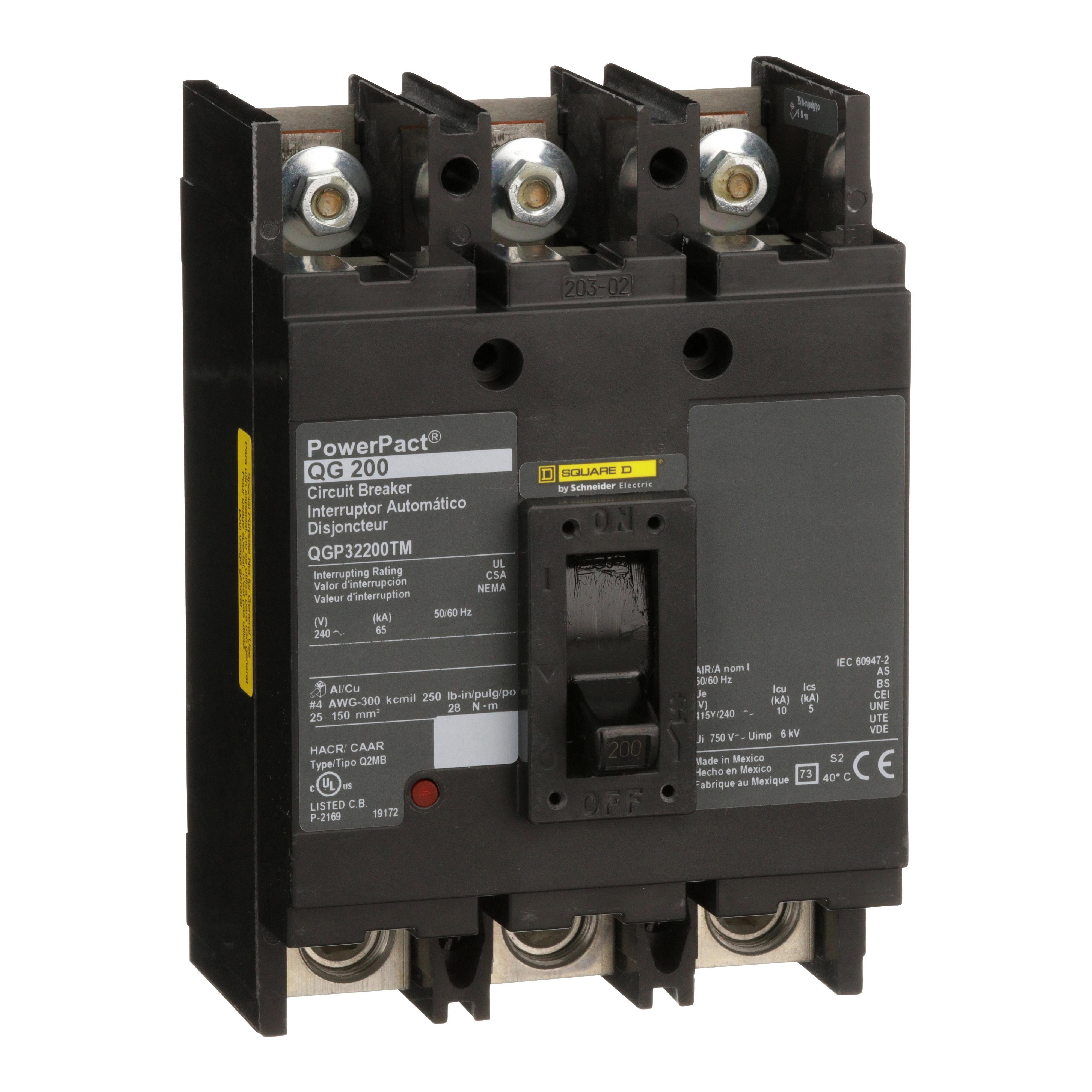 Picture of QGP32200TM - Circuit breaker, PowerPacT Q, 200A, 3 pole, 240VAC, 65kA, lugs, thermal magnetic, 80%, bottom of panel