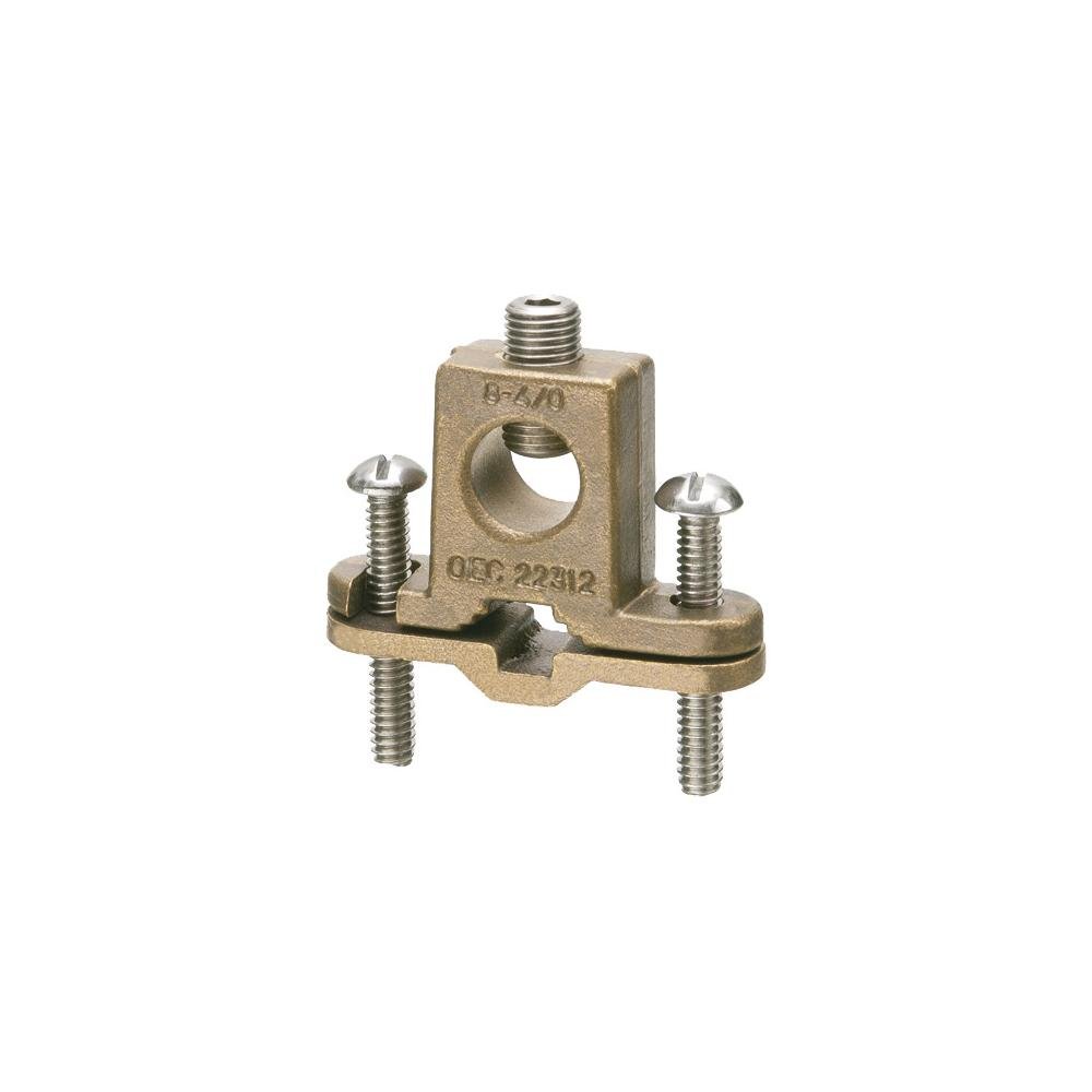 718DB - Solid Bronze with stainless steel screws, bare wire ground clamp with box style lug. pipe size - 3/8" to 1", Wire Size - #8 to 4/0. Approved for direct burial on rebar pipe, tubing and rod.